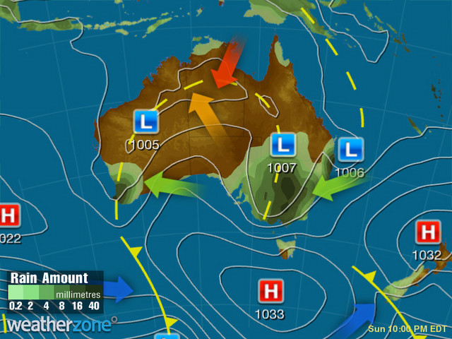 Weatherzone forecast map for Monday 10:00pm AEDT