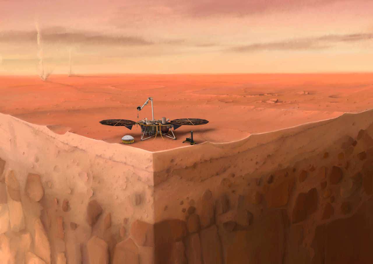 n this artist's concept of NASA's InSight lander on Mars, layers of the planet's subsurface can be seen below and dust devils can be seen in the background.