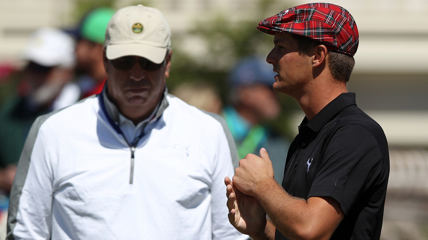 Bryson DeChambeau(right) talks with his coach Mike Schy on the practice green prior to the third round of the 2016 RBC Heritage at Harbour Town Golf Links on April 16, 2016 in Hilton Head Island, South Carolina. (Photo by Tyler Lecka/Getty Images)