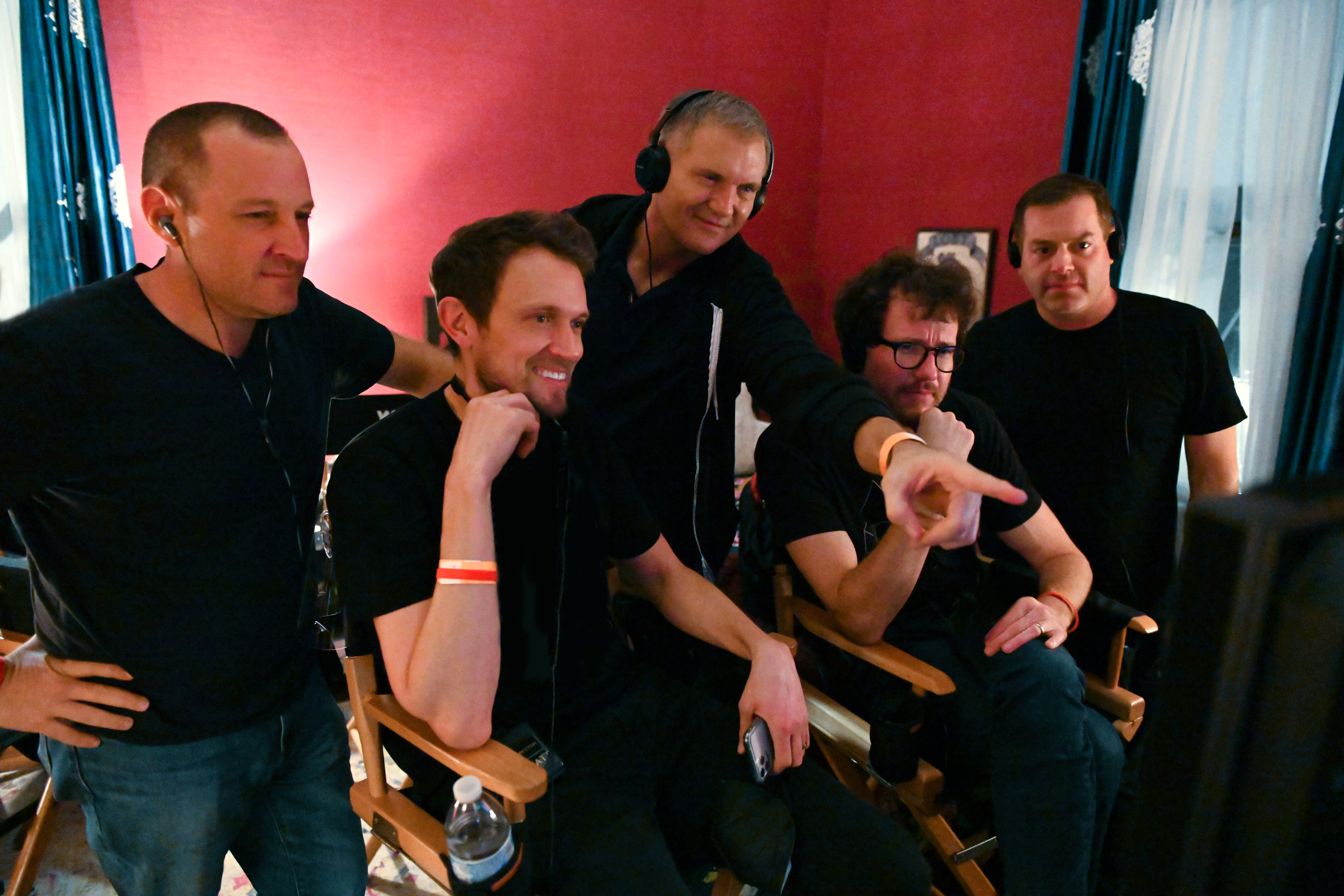L-r, Producer William Sherak, Director Matt Bettinelli-Olpin, Executive Producer Kevin Williamson, Director Tyler Gillett and Executive Producer Chad Villella on the set of Paramount Pictures and Spyglass Media Group's "Scream."