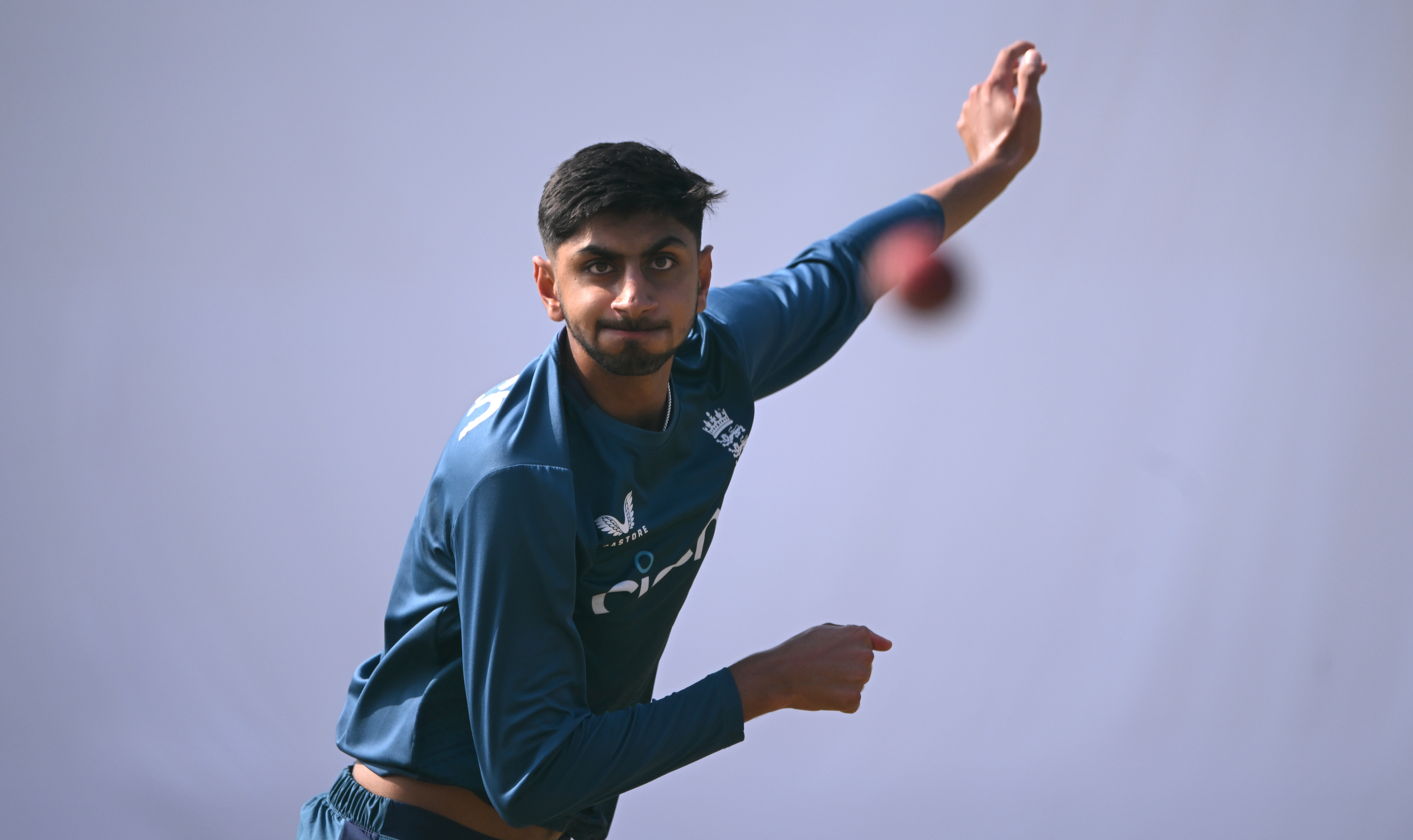 Shoaib Bashir in bowling action during England practice ahead of the second Test against India.