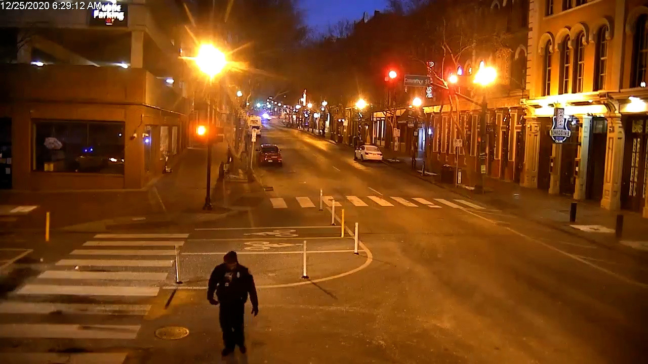 Just seconds before an explosion was recorded by an MNPD camera at 2nd Ave N & Commerce St, in Nashville.