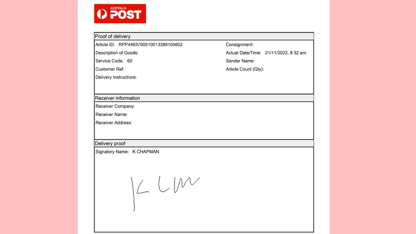 The 'proof of delivery' Colin Chapman was shown by Australia Post, which included a signature he said did not belong to his wife.