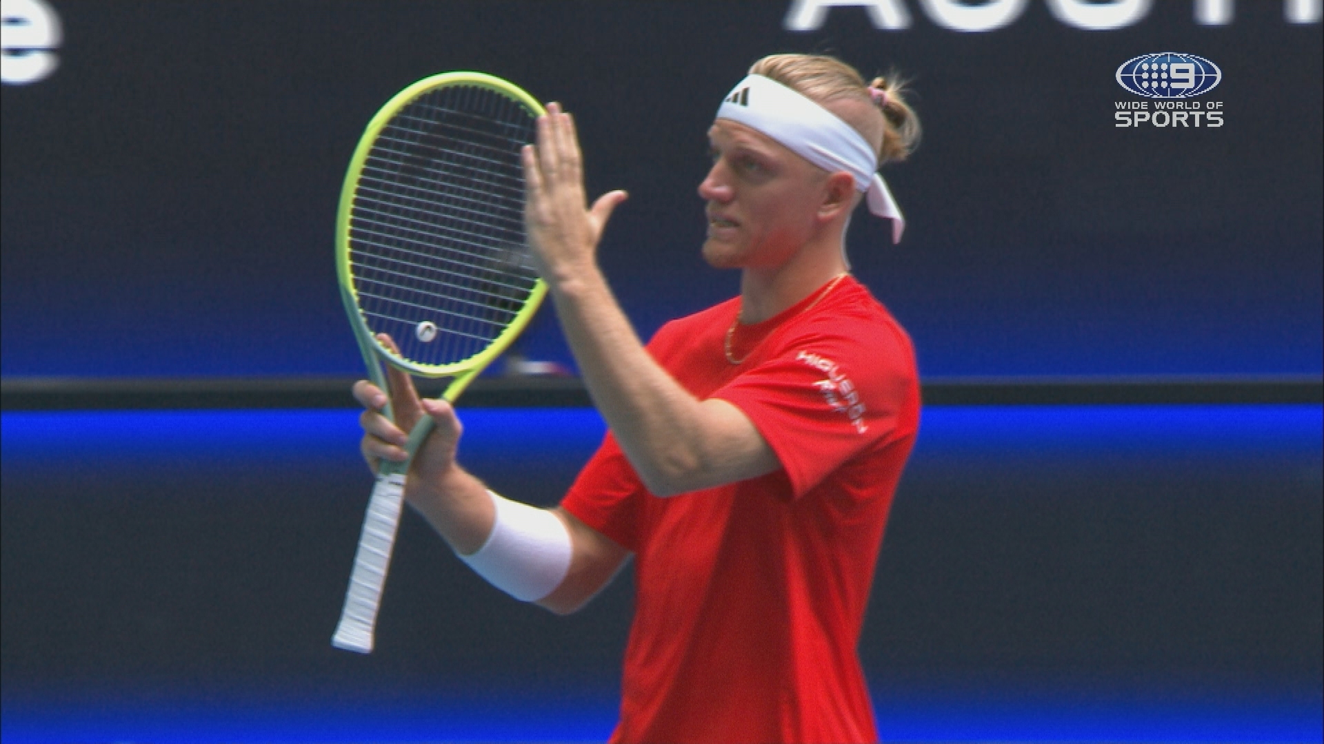 Alejandro Davidovich Fokina was unhappy after the first serve of the United Cup from Thiago Seyboth Wild sailed long, but the electronic line call system failed to capture it.