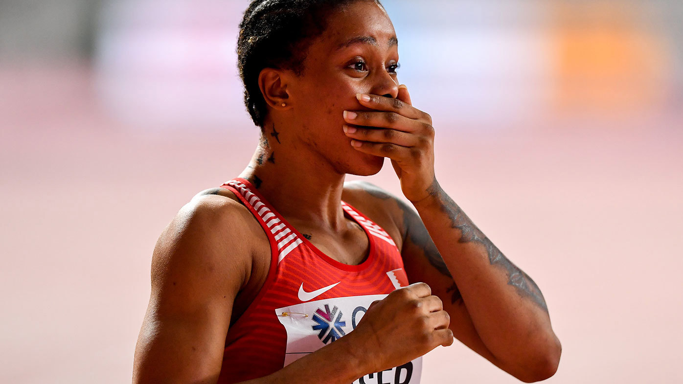 Salwa Eid Naser of Bahrain celebrates after winning the Women's 400m Final during day seven of the 17th IAAF World Athletics Championships in Doha in 2019.