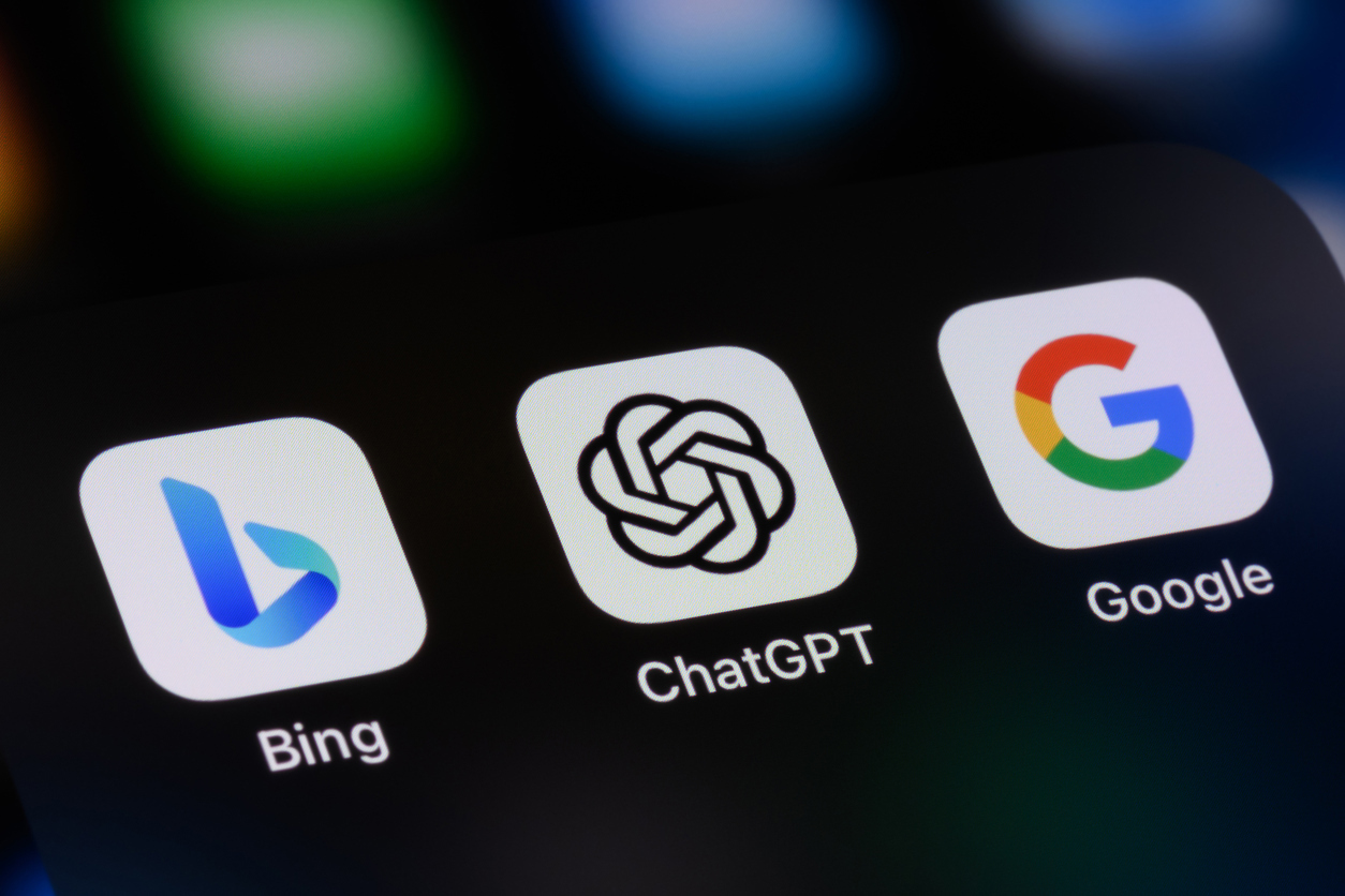 ChatGPT, Bing and Google apps on an Apple iPhone.
