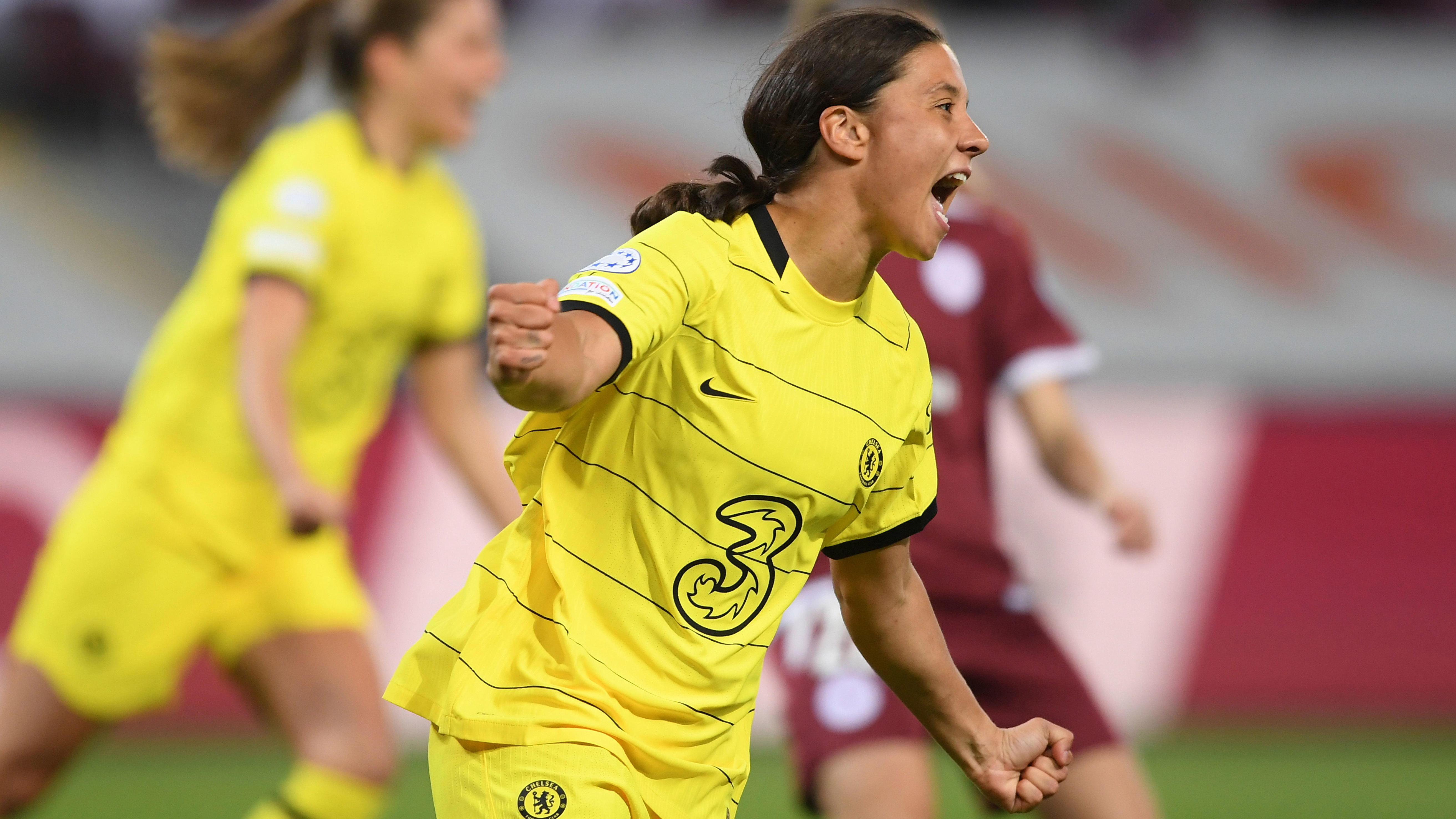 Sam Kerr of Chelsea celebrates after her team's first goal during their UEFA Women's Champions League match against Servette.