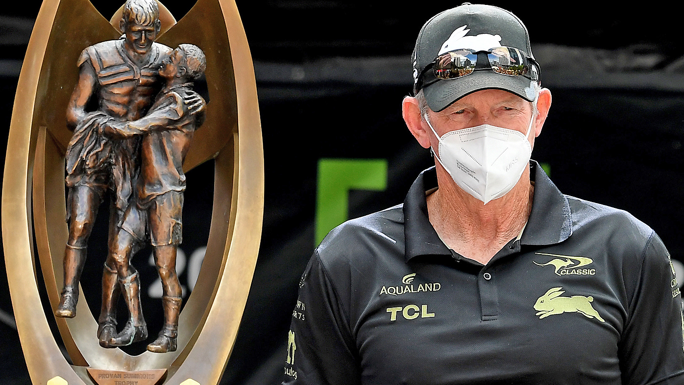 Wayne Bennett beside the NRL premiership trophy in Brisbane