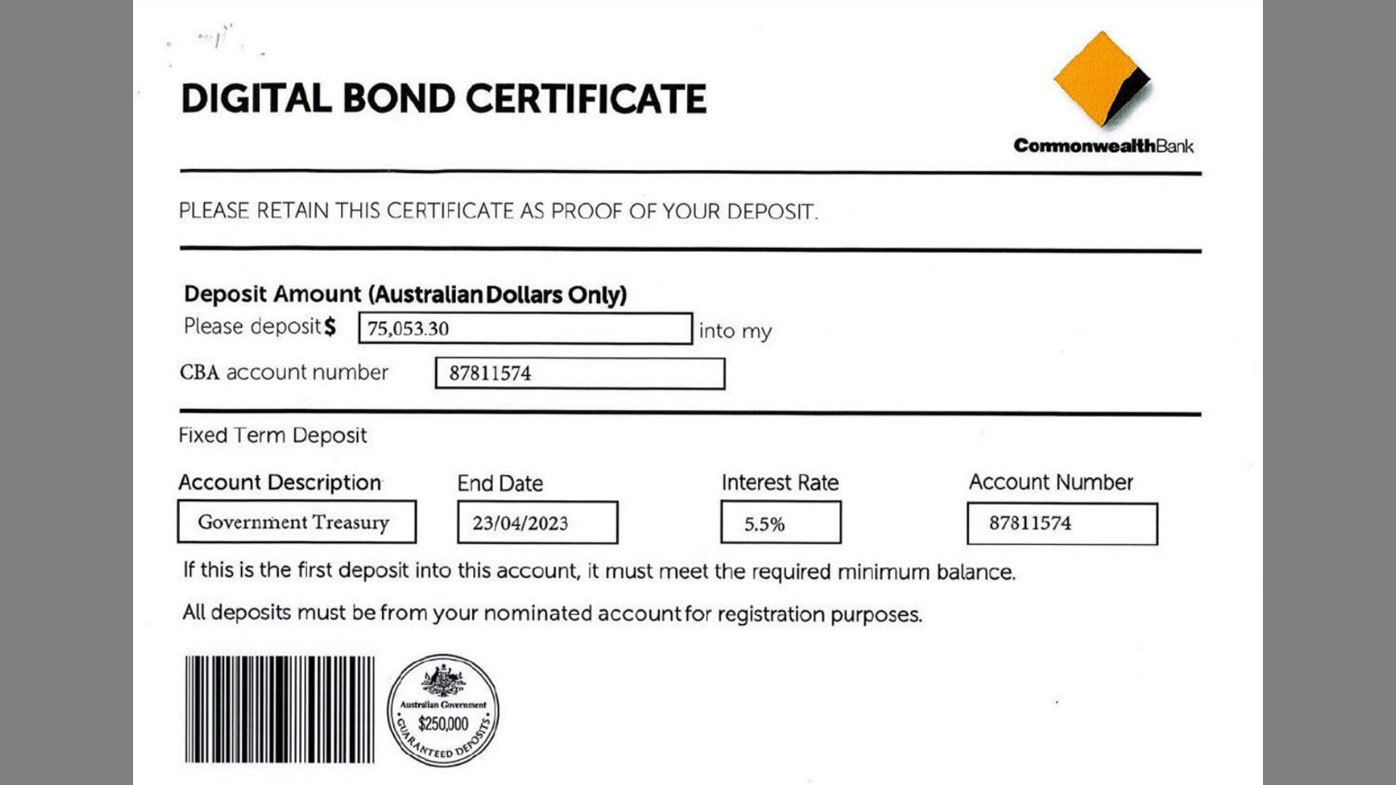 A 'digital bond certificate' the scammer sent Paula.