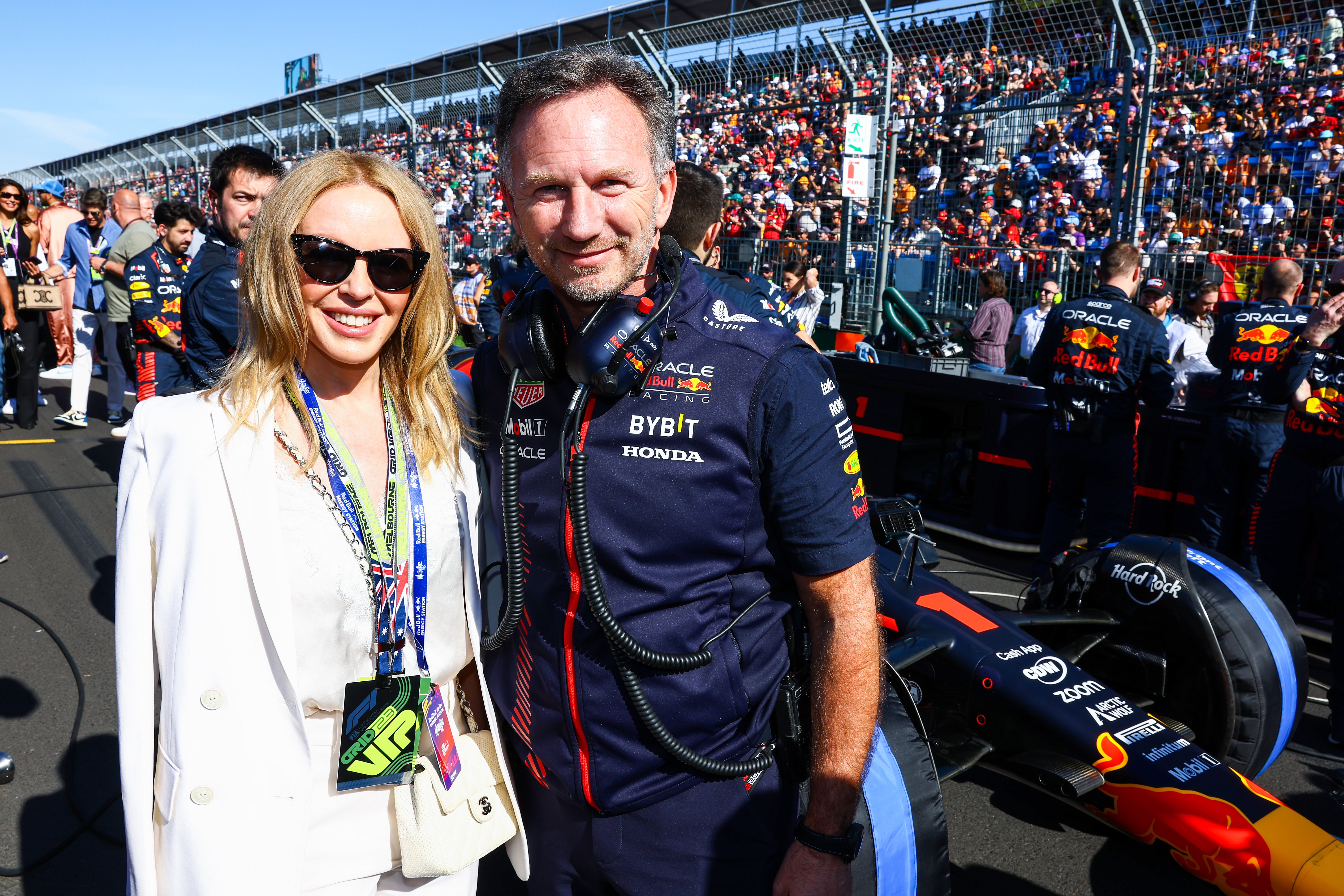 Kylie Minogue and Christian Horner during the F1 Grand Prix of Australia at Melbourne Grand Prix Circuit on April 02, 2023 in Melbourne 