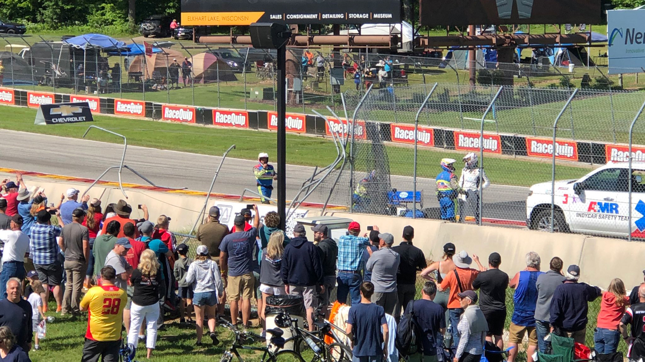 What's left of the catch fence after a crash in the IndyLights race involving Christian Bogle.