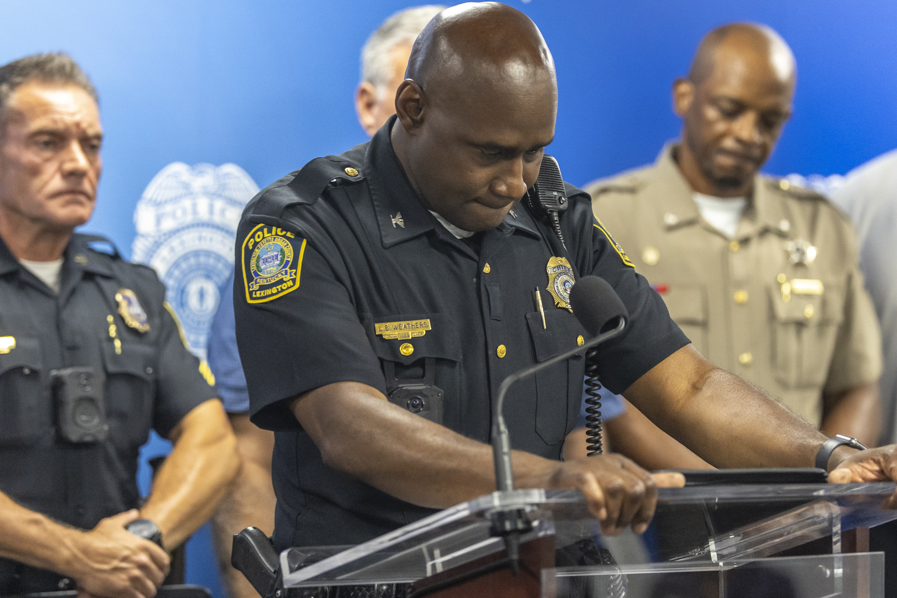 Lexington Police Chief Lawrence Weathers speaks during a media conference at Lexington Police headquarters in downtown Lexington, Ky., Sunday, July 13, 2025. 