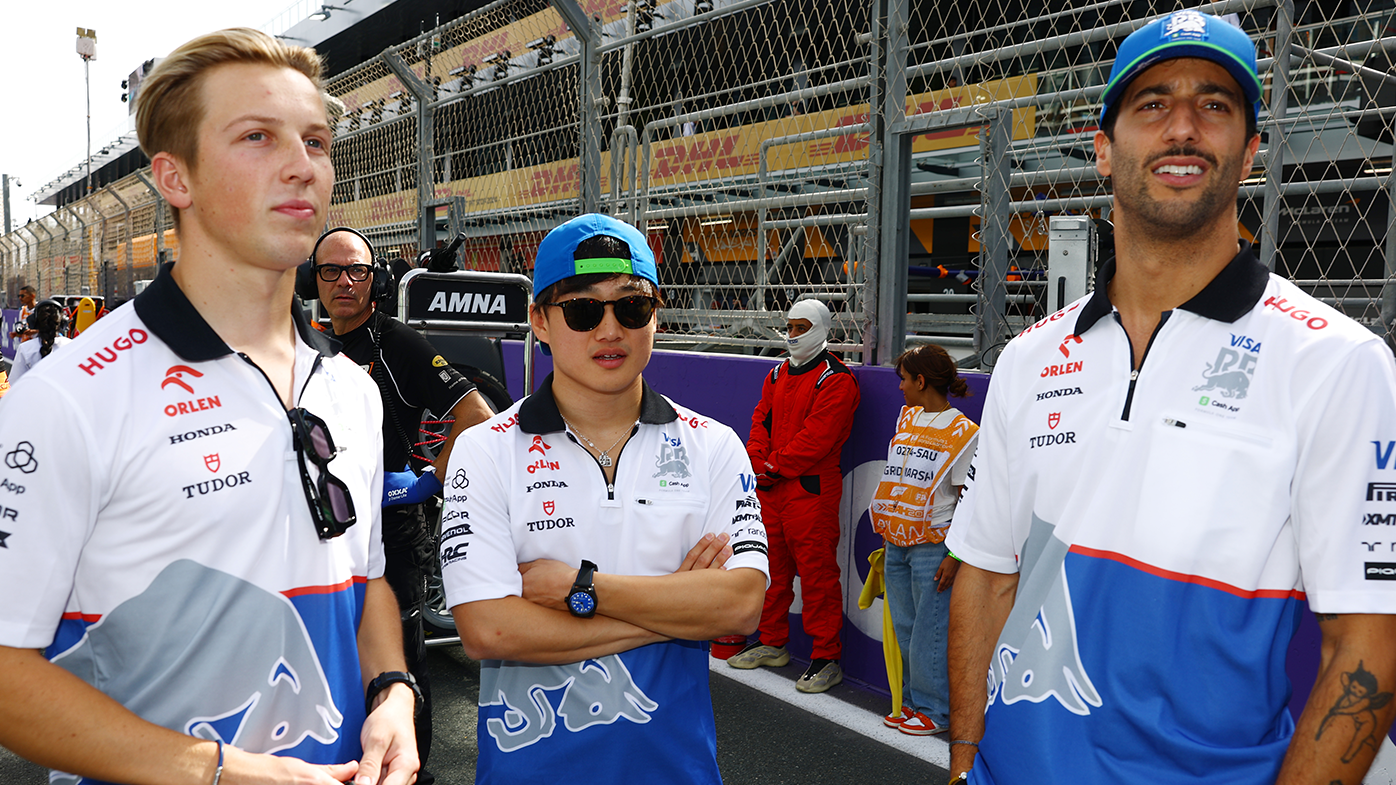 RB drivers Liam Lawson, Yuki Tsunoda and Daniel Ricciardo.