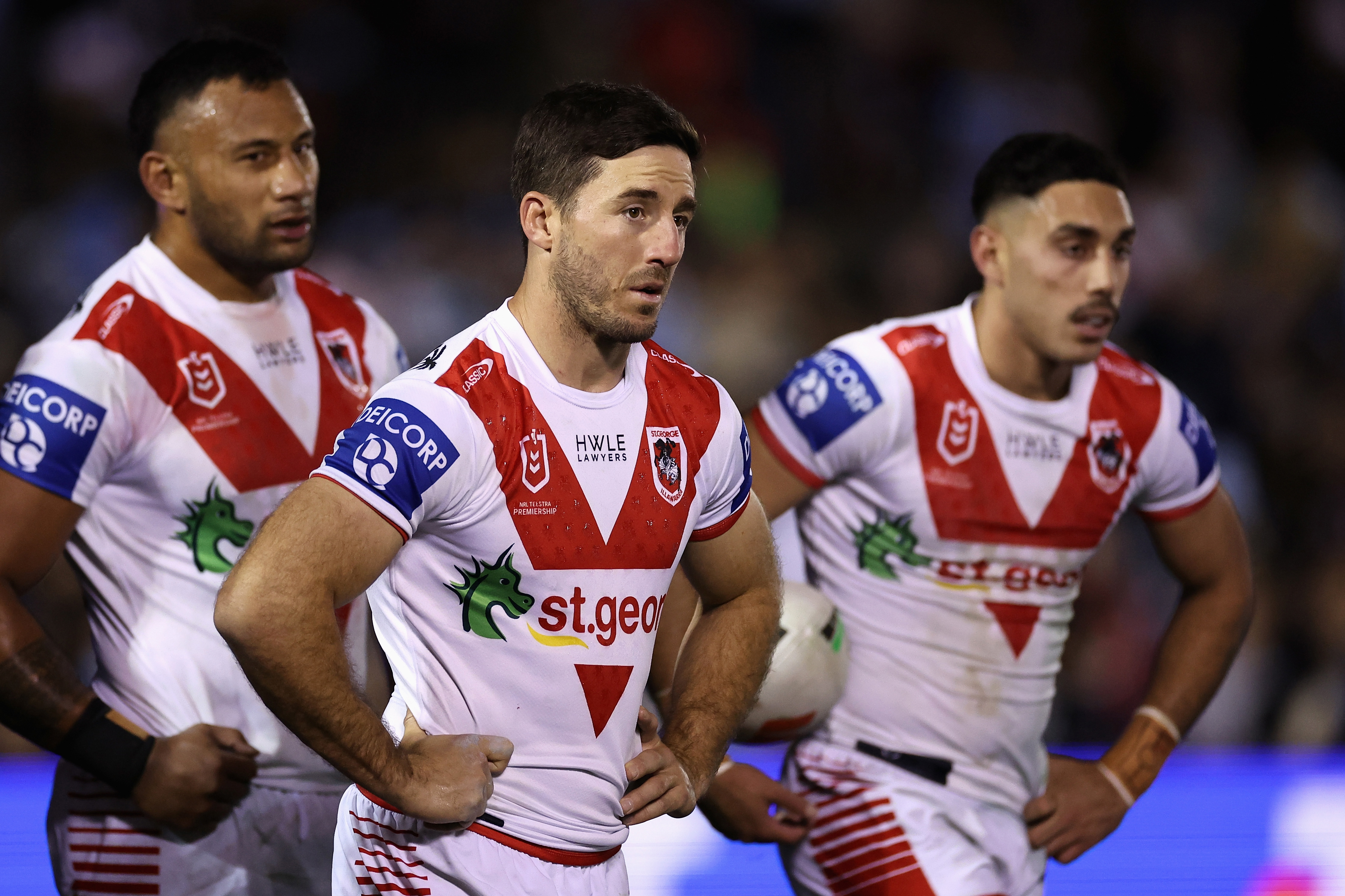 Ben Hunt of the Dragons and team mates look dejected after a Sharks try during the round 18 NRL match between Cronulla Sharks and St George Illawarra Dragons at PointsBet Stadium on June 29, 2023 in Sydney, Australia. (Photo by Cameron Spencer/Getty Images)