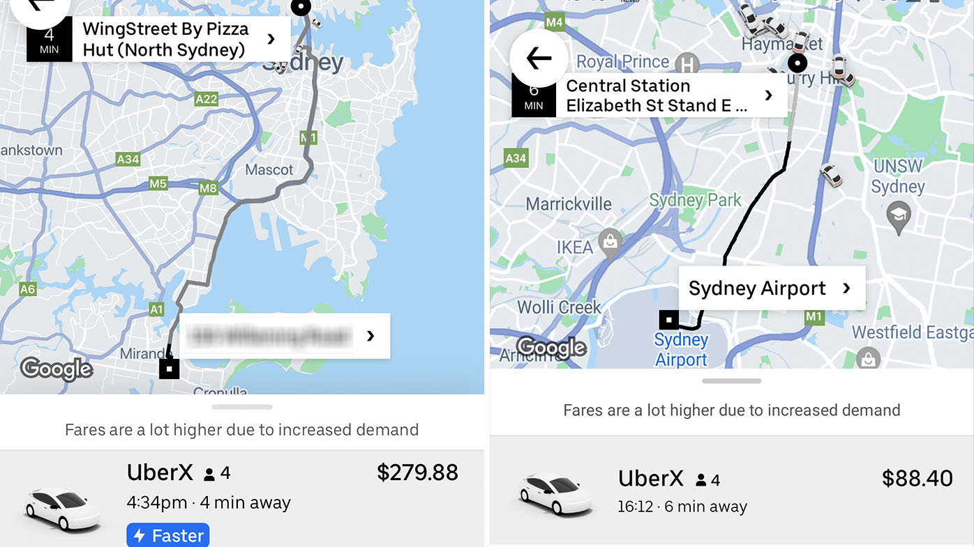 Uber surge pricing during Sydney Trains delays.