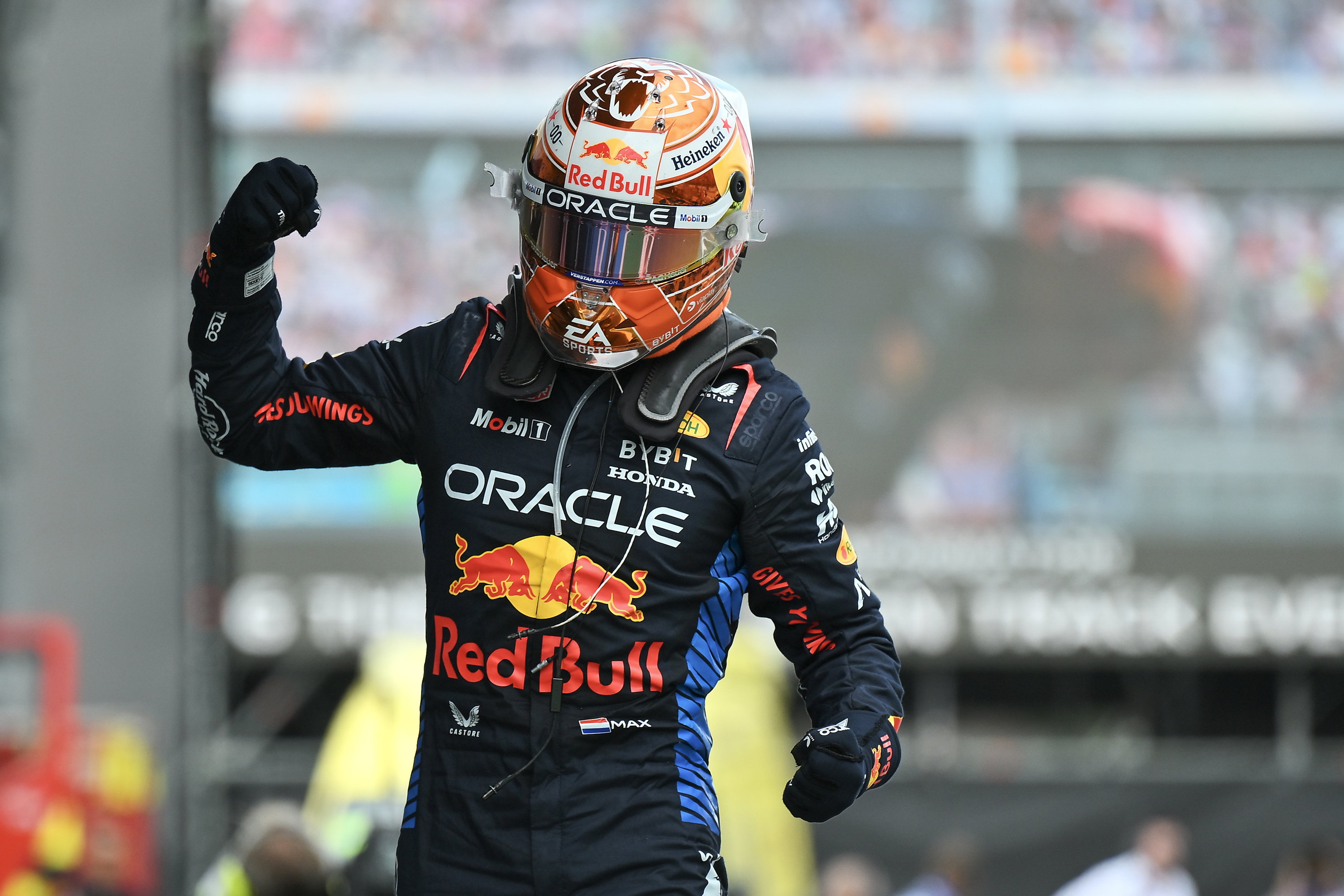 Max Verstappen of the Netherlands and Oracle Red Bull Racing celebrates his win in parc feme during the F1 Grand Prix of Spain at Circuit de Barcelona-Catalunya on June 23, 2024 in Barcelona, Spain.(Photo by Vince Mignott/MB Media/Getty Images)