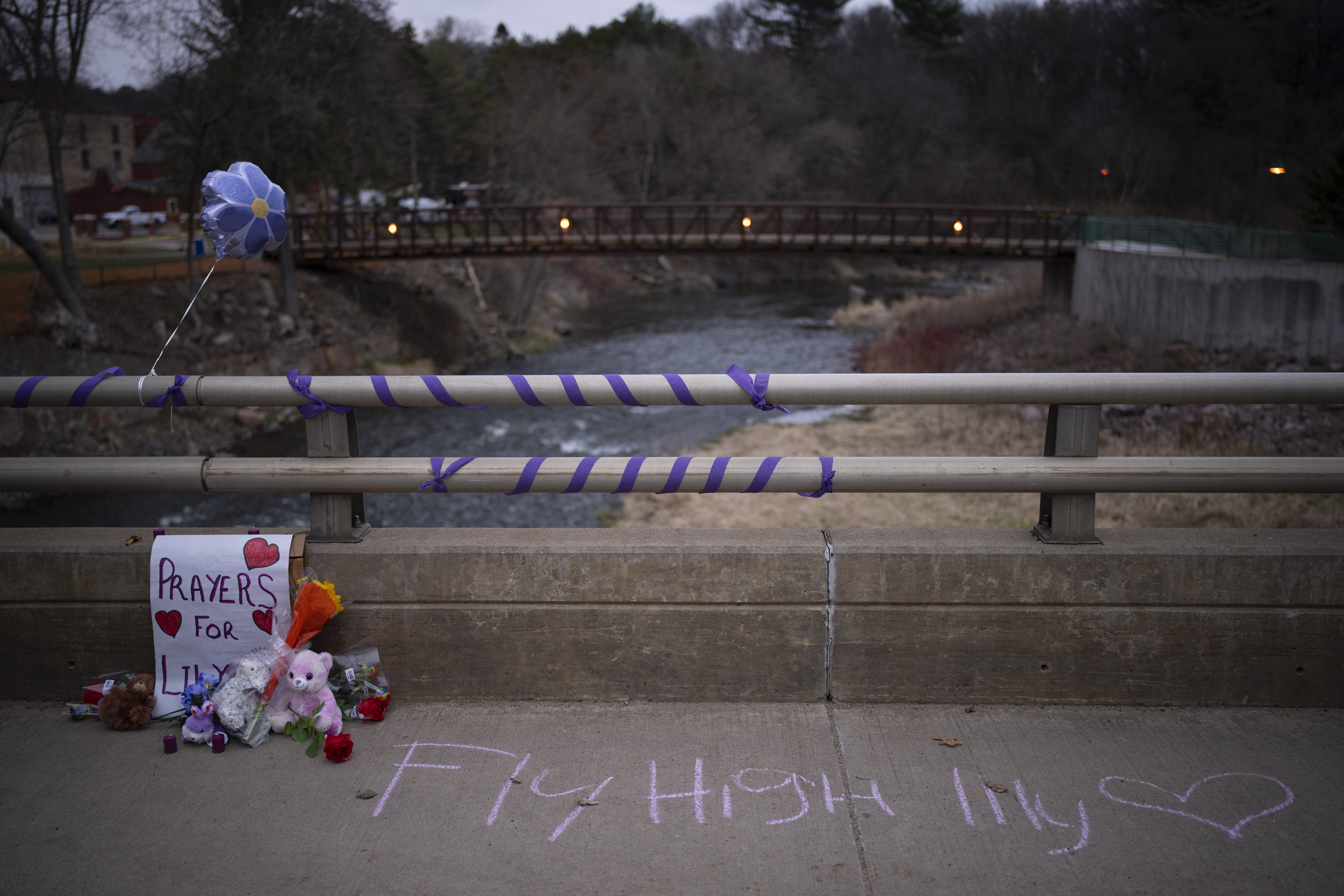 A memorial for 10 year-old Lily Peters on Jefferson Ave. Monday evening, April 25, 2022 in Chippewa Falls, Wisc. Lilly Peters was found dead in a park earlier in the day after being reported missing the night before. ] JEFF WHEELER Jeff.Wheeler@startribune.com