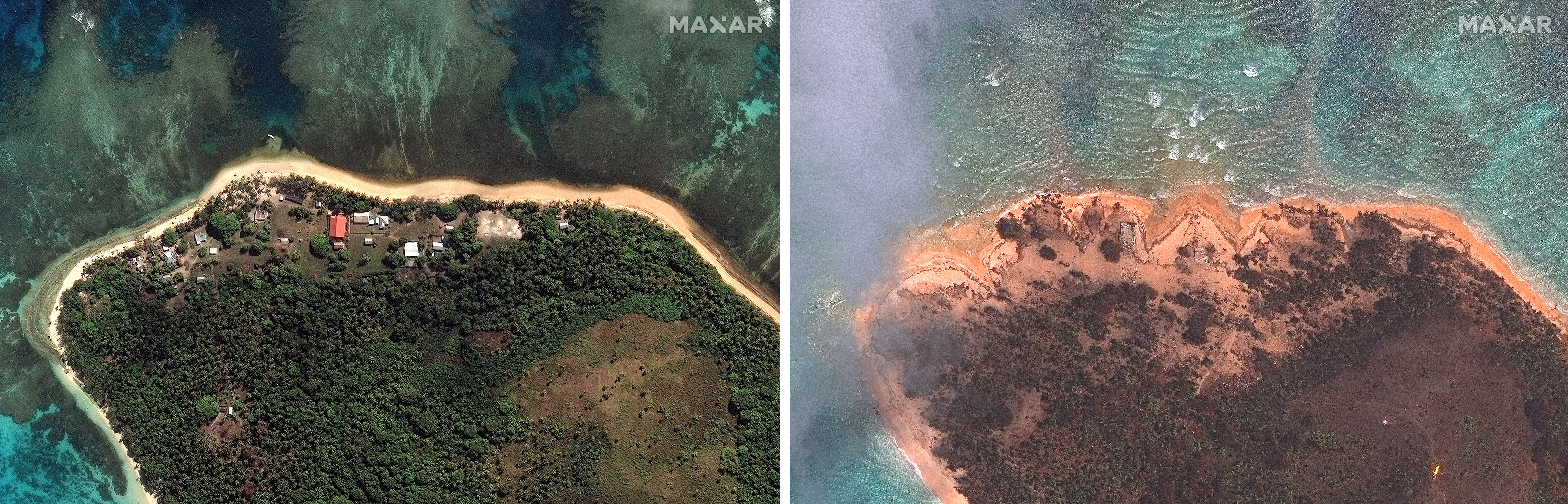 This combination of this satellite images provided by Maxar Technologies shows an overview of Mango island in the Tonga island group on Aug. 17, 2020, left, and Jan. 20, 2022, right, showing the damage after the Jan. 15 eruption. 