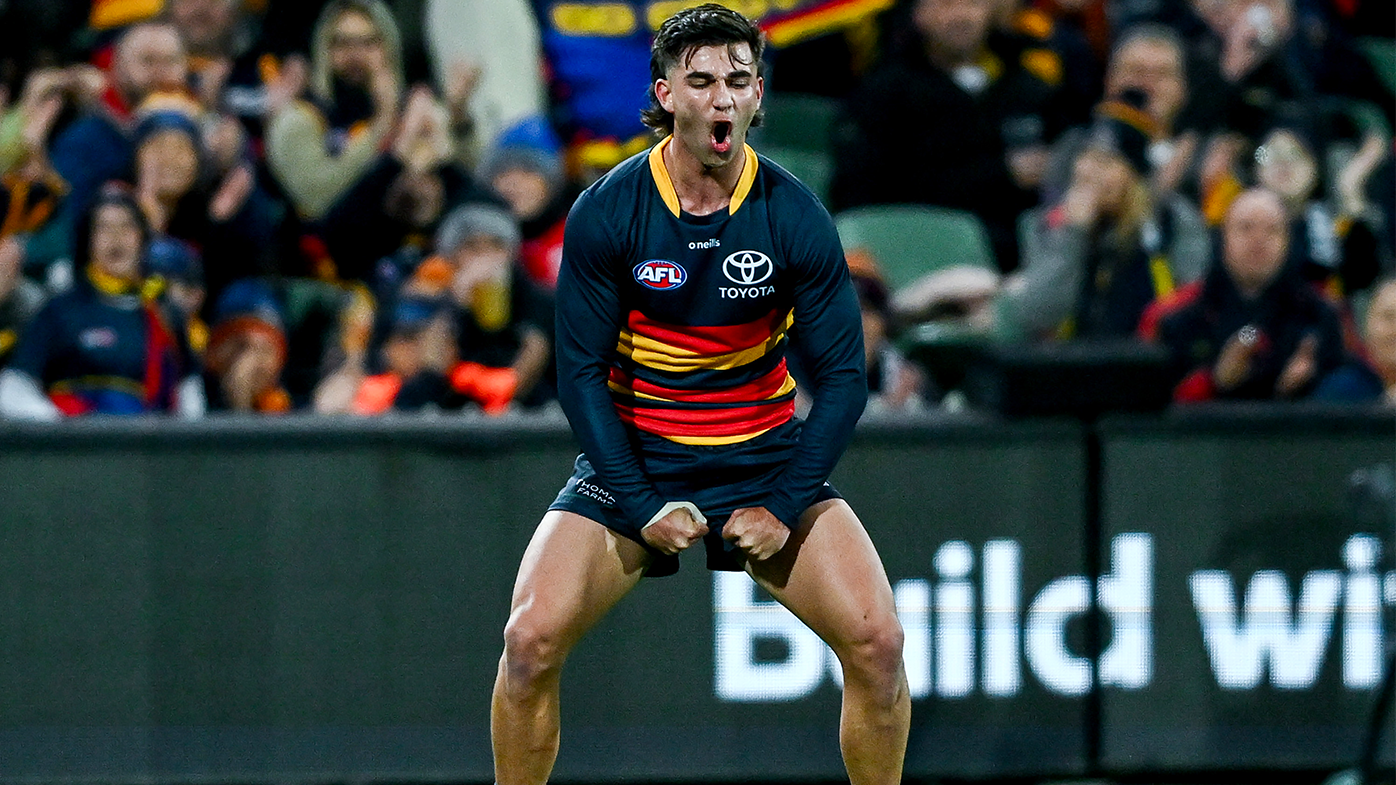 Josh Rachele celebrates a goal during the round 18 AFL match between the Adelaide Crows and GWS Giants.
