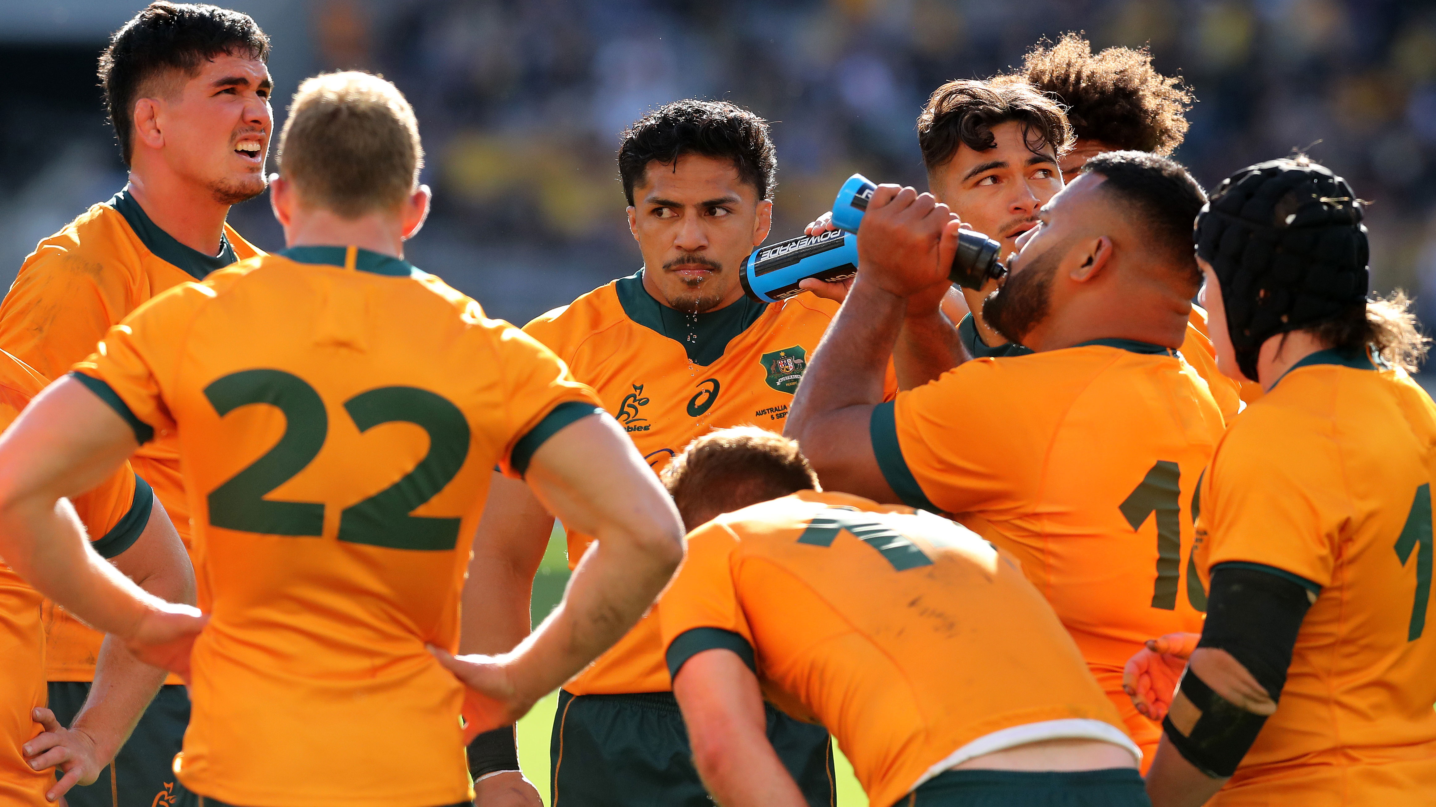 Wallabies players react to an All Blacks try in 2021's The Rugby Championship.