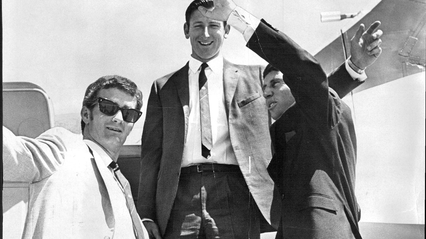 Ashley Mallett with Bill Lawry and Ian Chappell ahead of Australia's tour of India and South Africa in 1969.