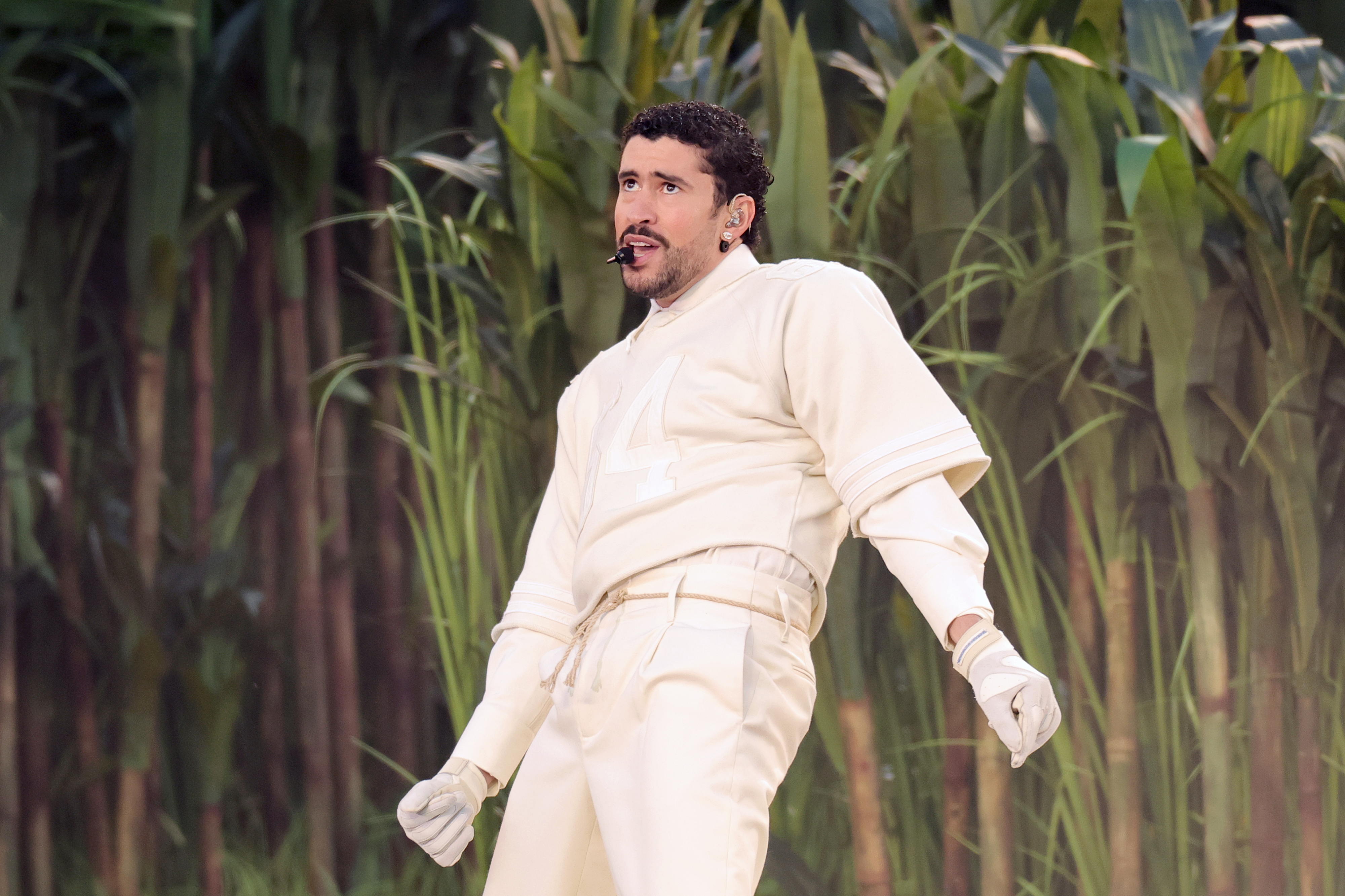 Bad Bunny performs onstage during the Apple Music Super Bowl LX Halftime Show at Levi's Stadium on February 8, 2026 in Santa Clara, California. 