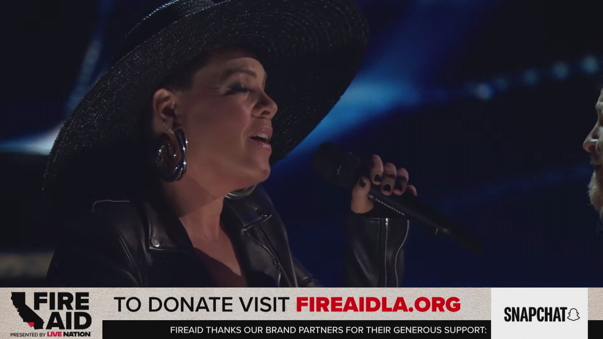 Pink performs on stage at the FireAid Benefit Concert.