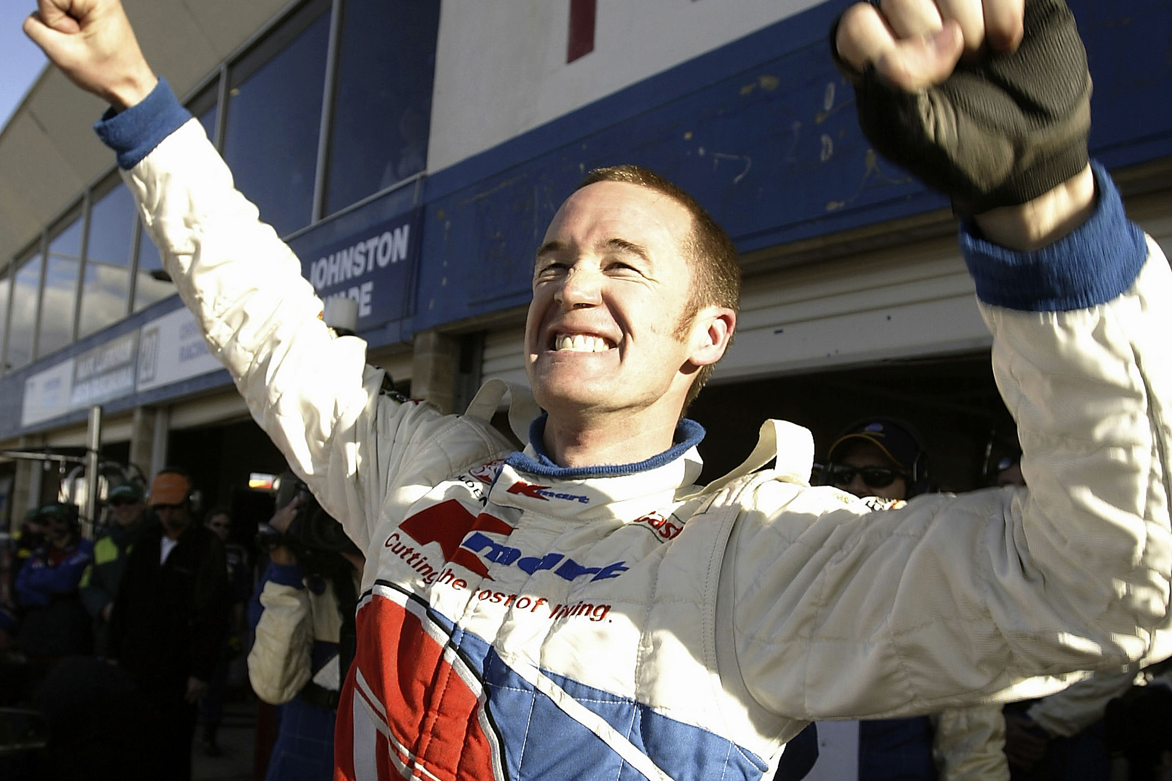 Greg Murphy celebrates after taking out pole position for the Bathurst 1000 in 2003.