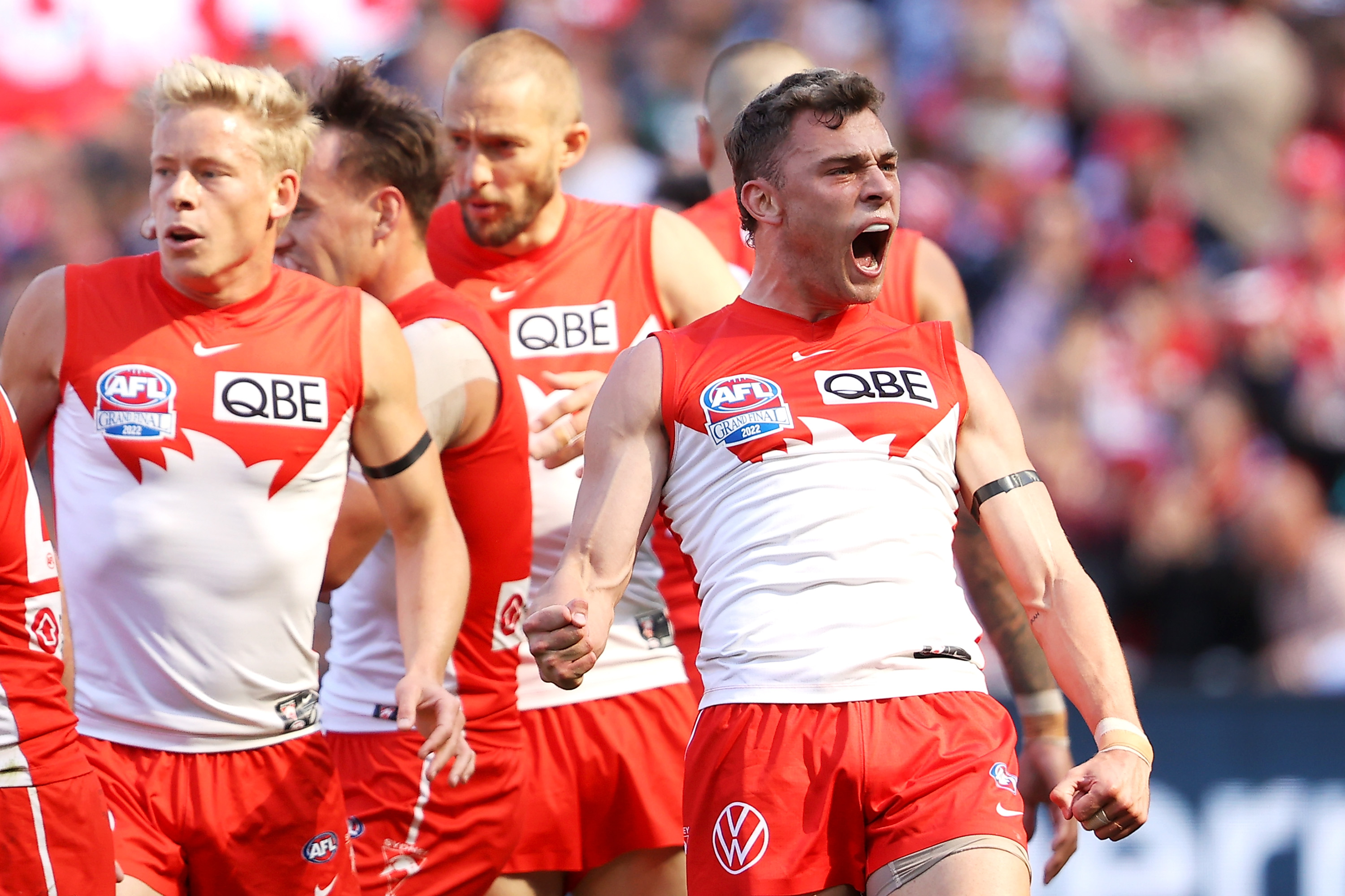 Will Hayward of the Swans celebrates kicking a goal during the 2022 AFL Grand Final match between the Geelong Cats and the Sydney Swans at the Melbourne Cricket Ground on September 24, 2022 in Melbourne, Australia. (Photo by Mark Kolbe/AFL Photos/via Getty Images)