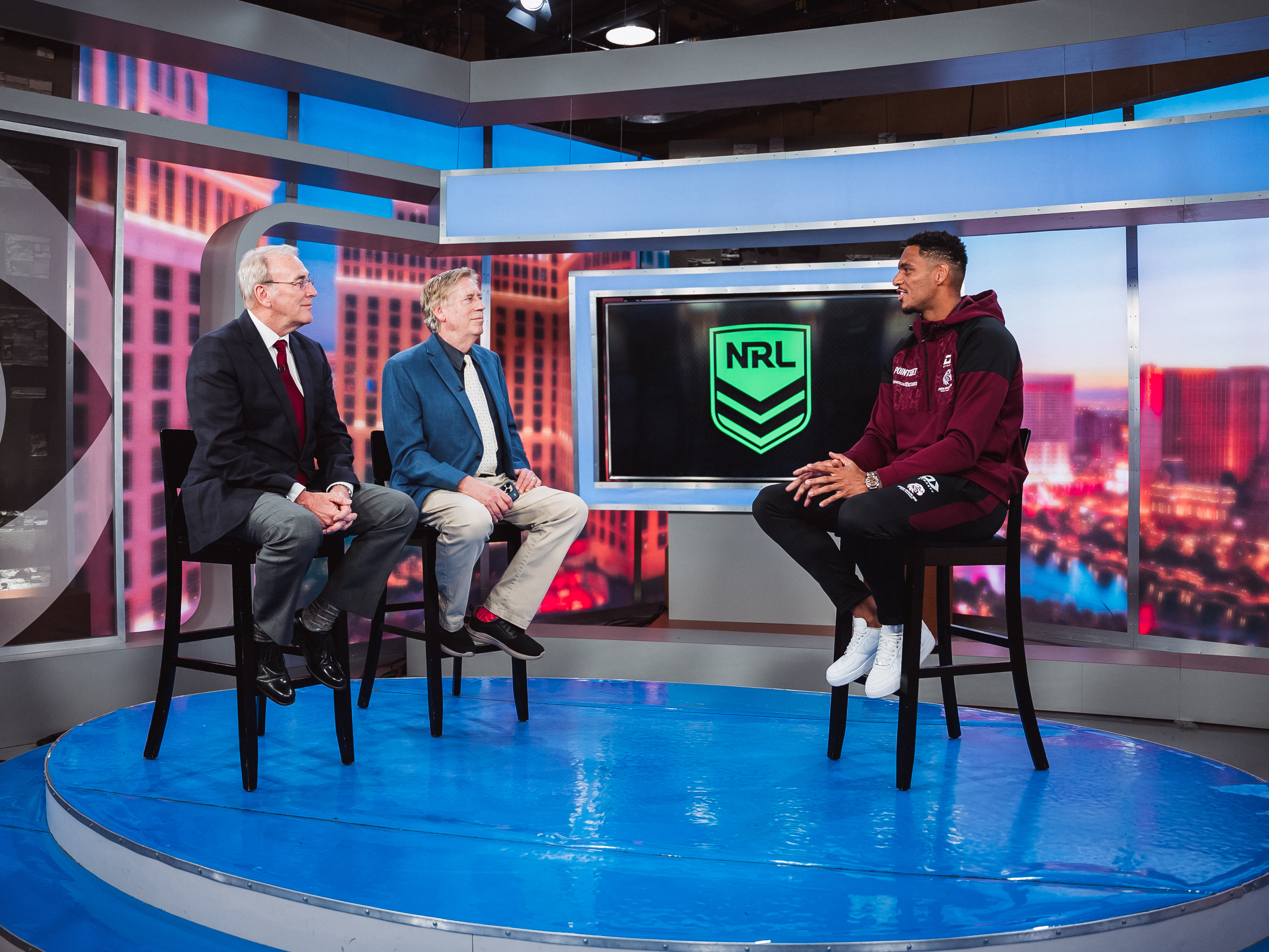 Manly winger Jason Saab in a TV interview with Sports Talk on KLAS 8 News Now in Las Vegas.