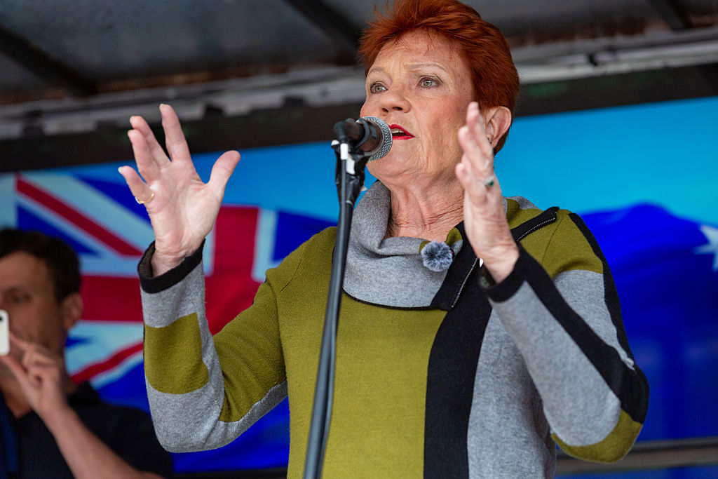 Senator Pauline Hanson at a Put Australia First Rally on November 30, 2025 in Melbourne, Australia.