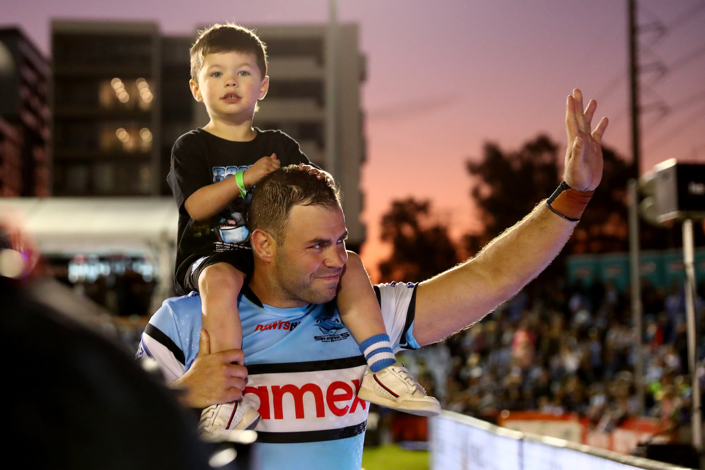 SYDNEY, AUSTRALIA - SEPTEMBER 03: Captain of the Sharks Wade Graham is recognised after winning the round 27 NRL match between Cronulla Sharks and Canberra Raiders at PointsBet Stadium on September 03, 2023 in Sydney, Australia. (Photo by Jeremy Ng/Getty Images)