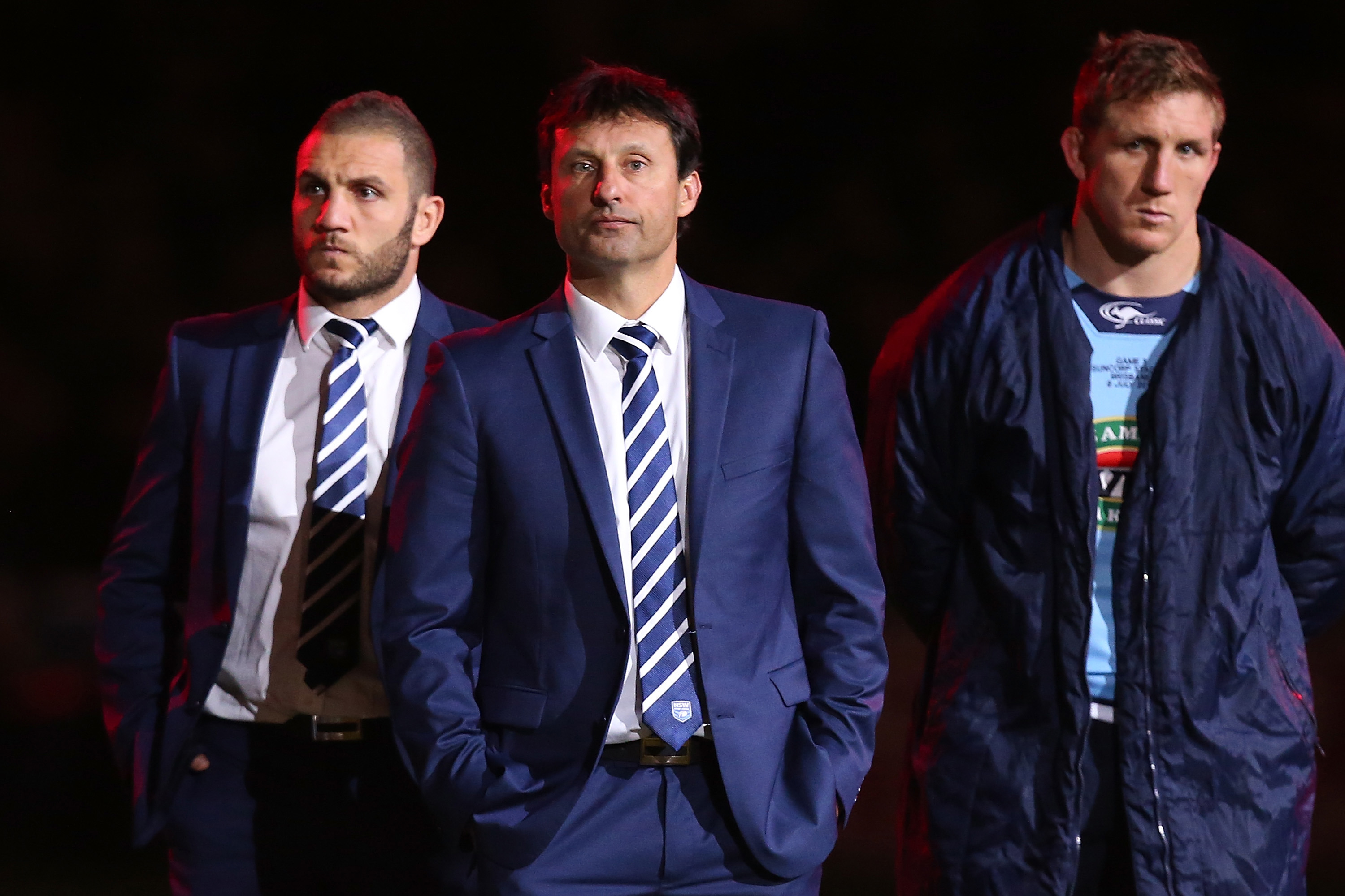 Former Blues coach Laurie Daley alongside Robbie Farah and Ryan Hoffman.