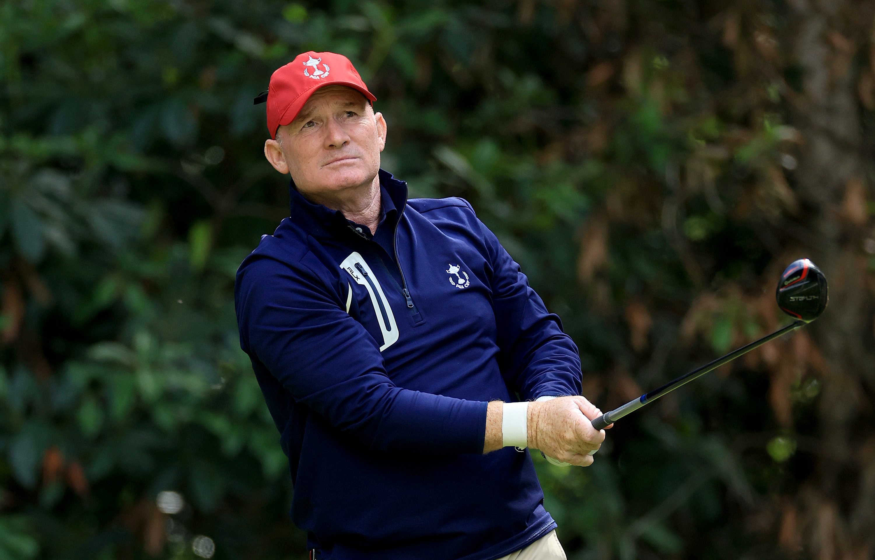 Frank Bensel Jr. of the United States team plays a shot during the singles matches on Day Three of the 2022 PGA Cup on The Longcross Course at Foxhills Club and Resort on September 18, 2022 in Ottershaw, England. (Photo by David Cannon/Getty Images)