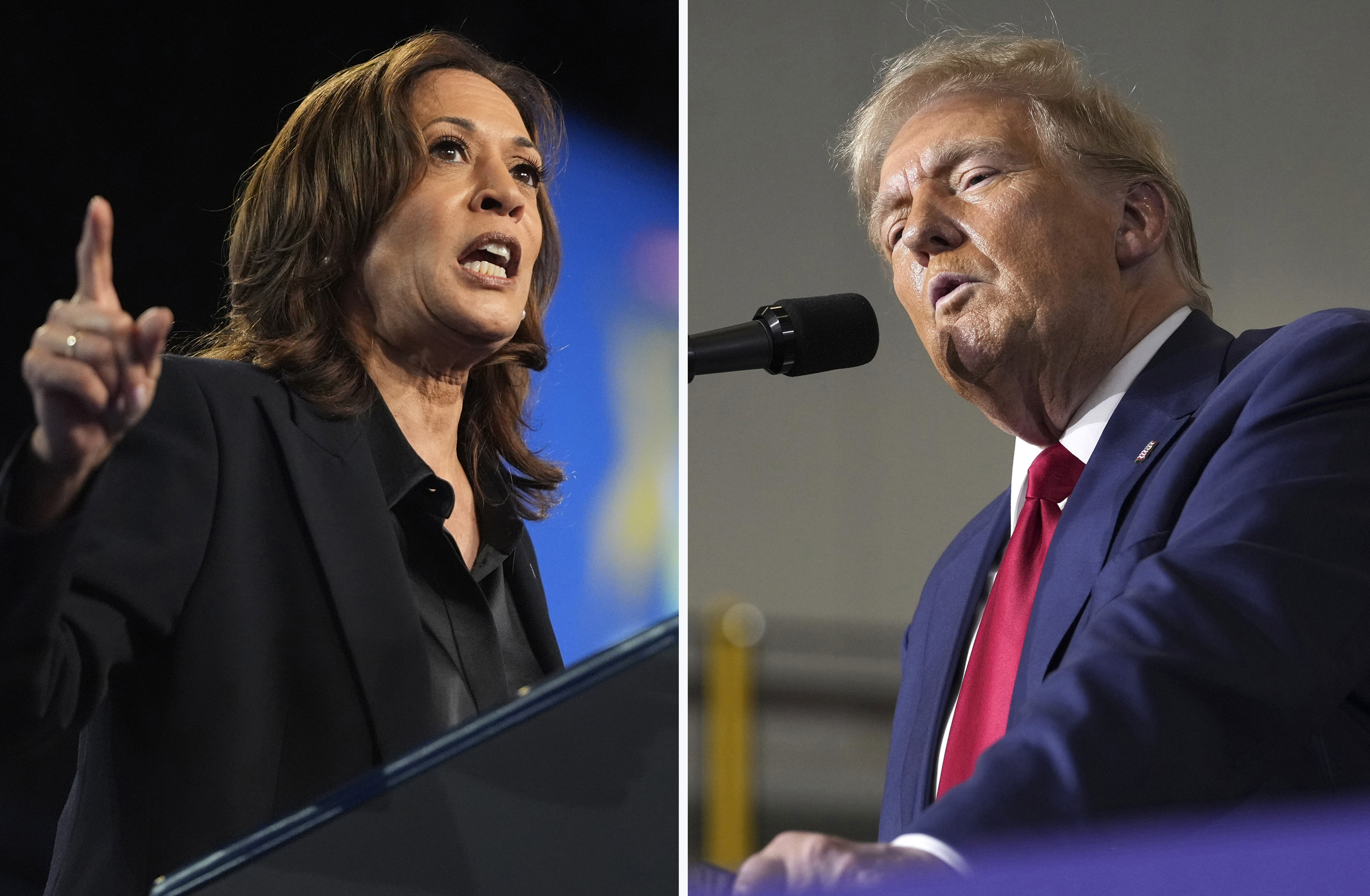 Esta fotografía combinada muestra a la vicepresidenta candidata demócrata a la presidencia, Kamala Harris, en un mitin en Flint, Michigan, el 4 de octubre de 2024, a la izquierda, y al candidato presidencial republicano, el expresidente Donald Trump, en un mitin de campaña en Walker, Michigan, el 27 de septiembre. 2024. (Foto AP)