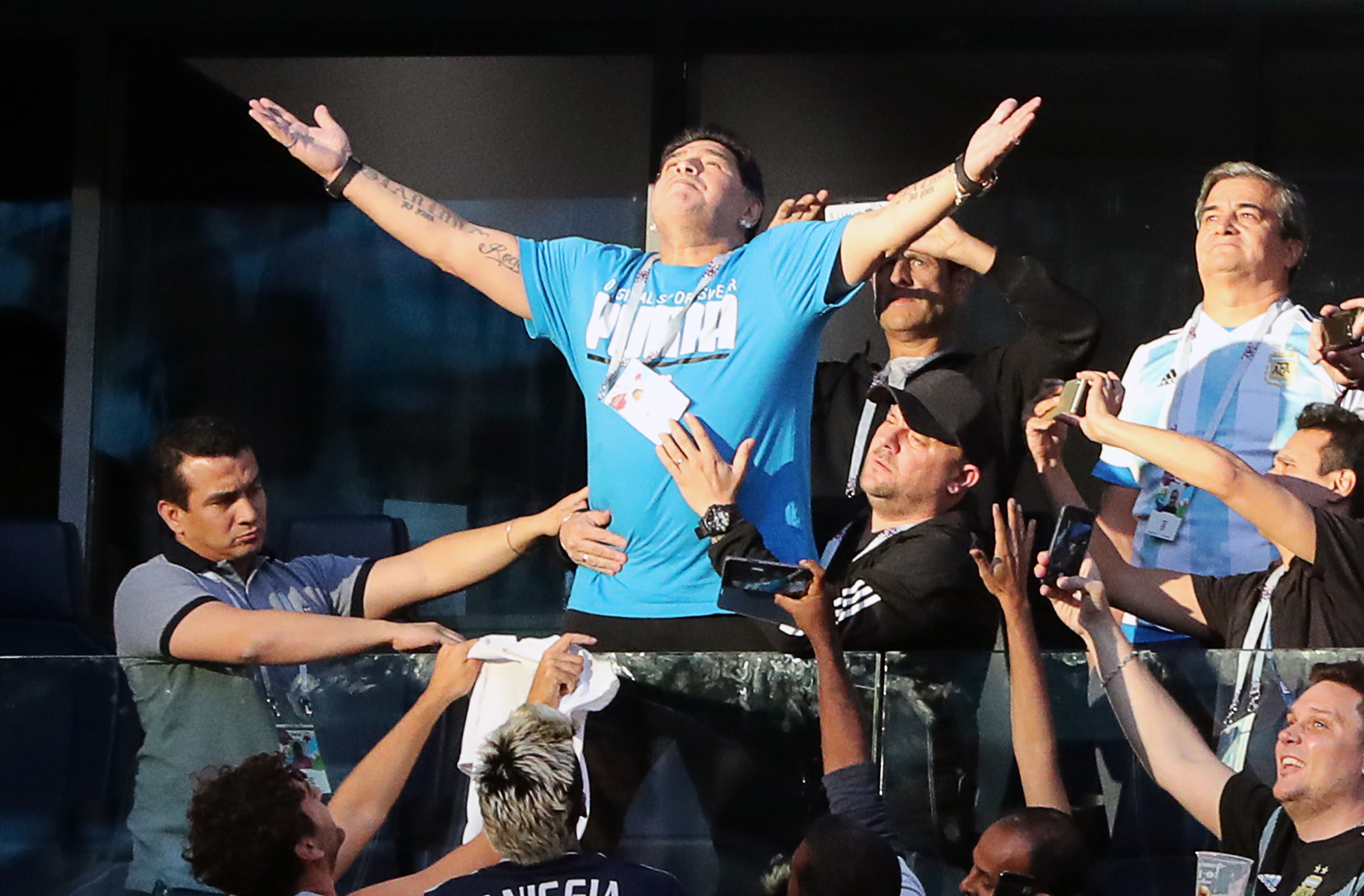 Diego Maradona soaks up the atmosphere during the Argentina-Nigeria 2018 World Cup clash.