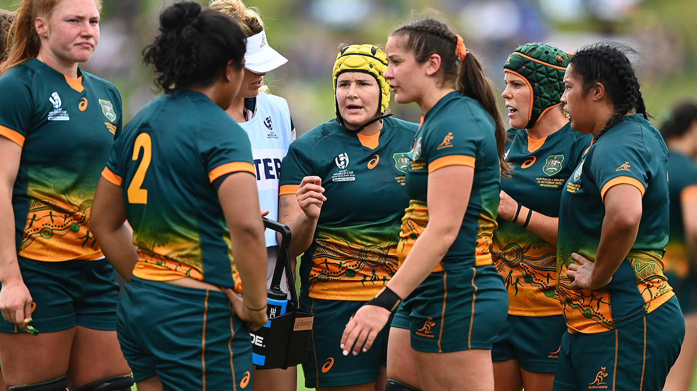 Shannon Parry addresses her players during the Pool A Rugby World Cup 2021 match between Australia and Wales.