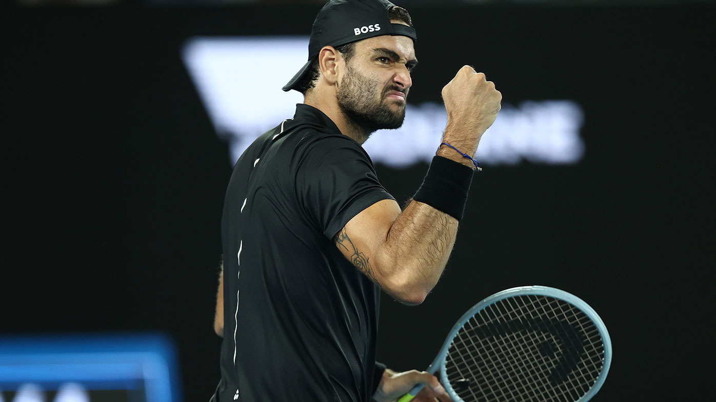  Matteo Berrettini of Italy celebrates after winning a point in his Men's Singles Quarterfinals match against Gael Monfils