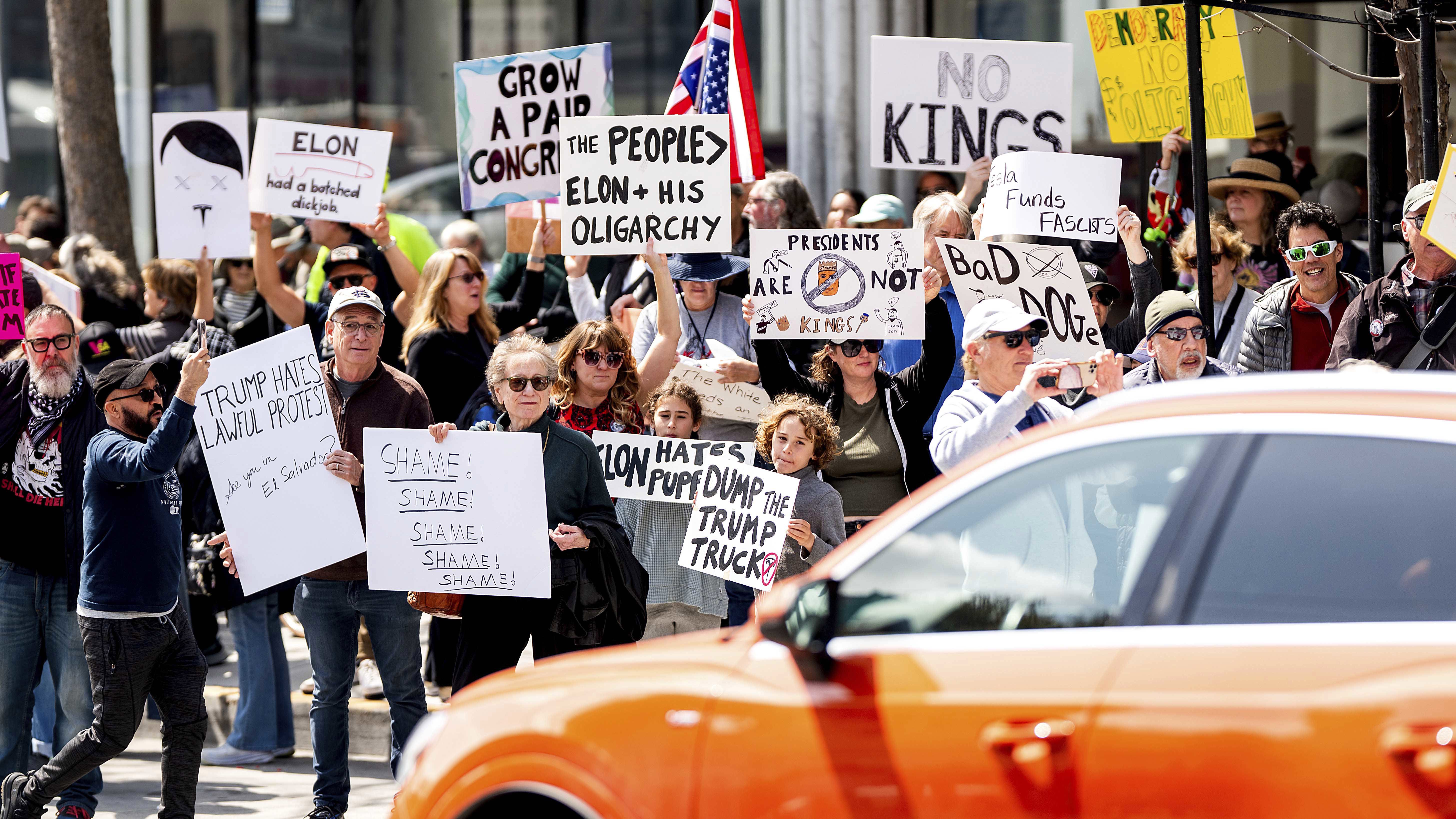 Protests against Elon Musk's purge of US government swarm Tesla showrooms