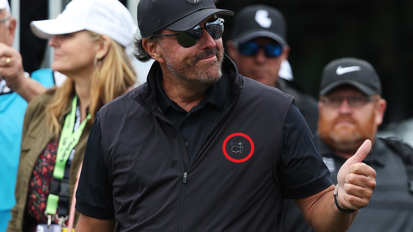 Phil Mickelson wears a top with an Augusta National logo during the opening round of the LIV tournament in London.