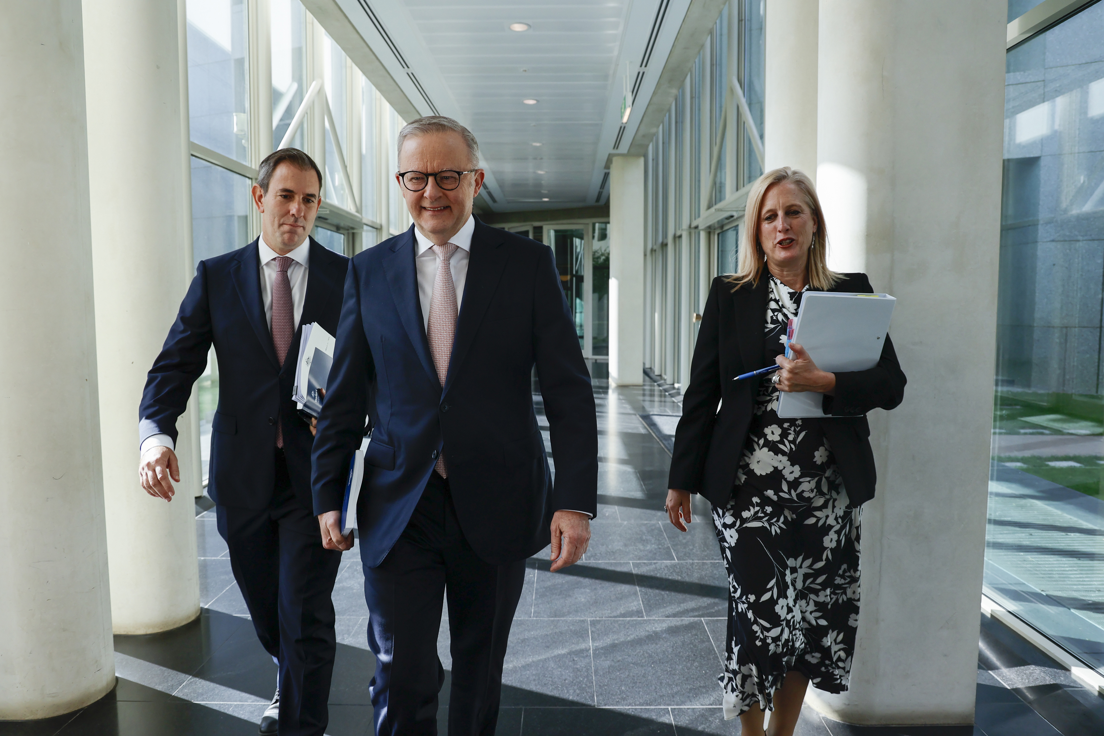 Prime Minister Anthony Albanese, Treasurer Jim Chalmers and Finance Minister Katy Gallagher on budget day at Parliament House in Canberra on March 25, 2025.