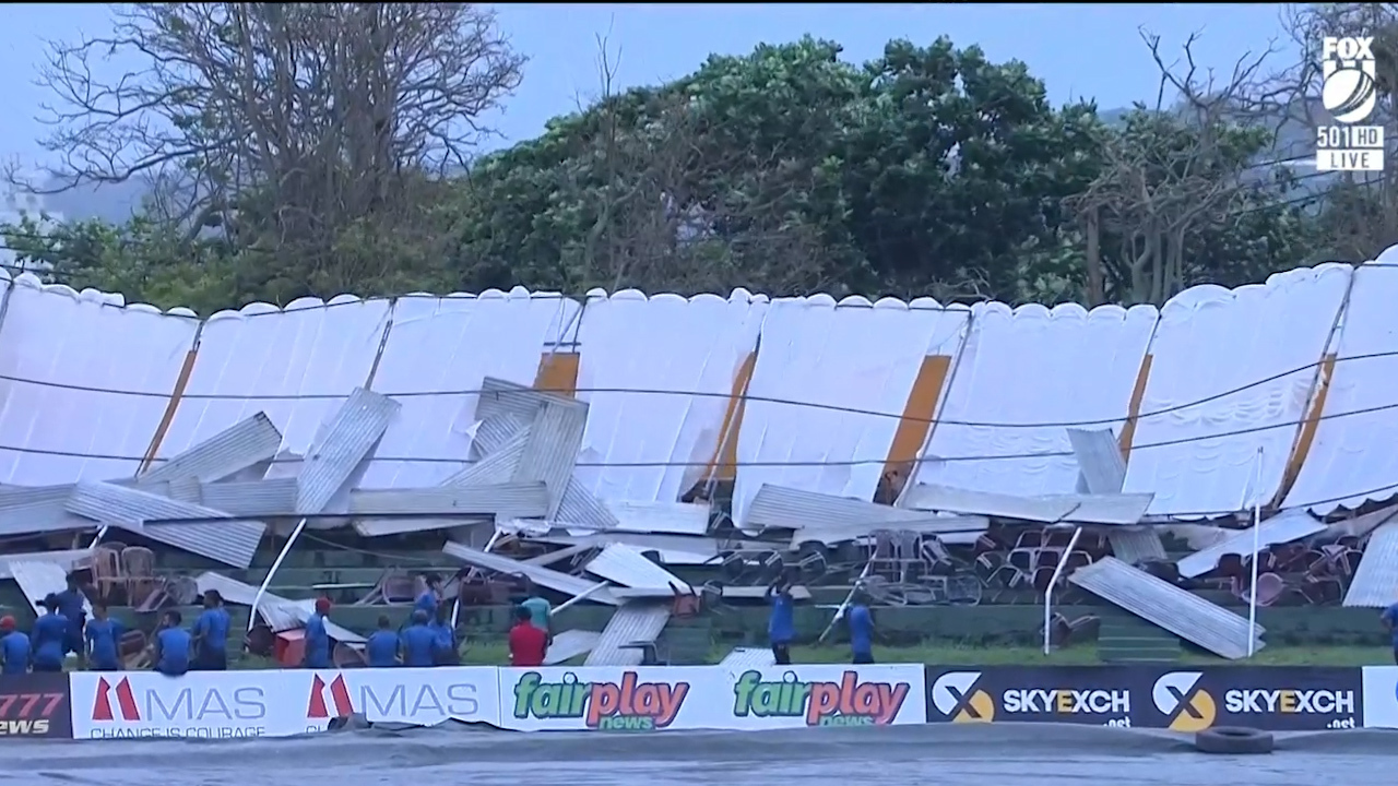 A grandstand at Galle International Stadium collapses before play on day two of the first Test between Sri Lanka and Australia.