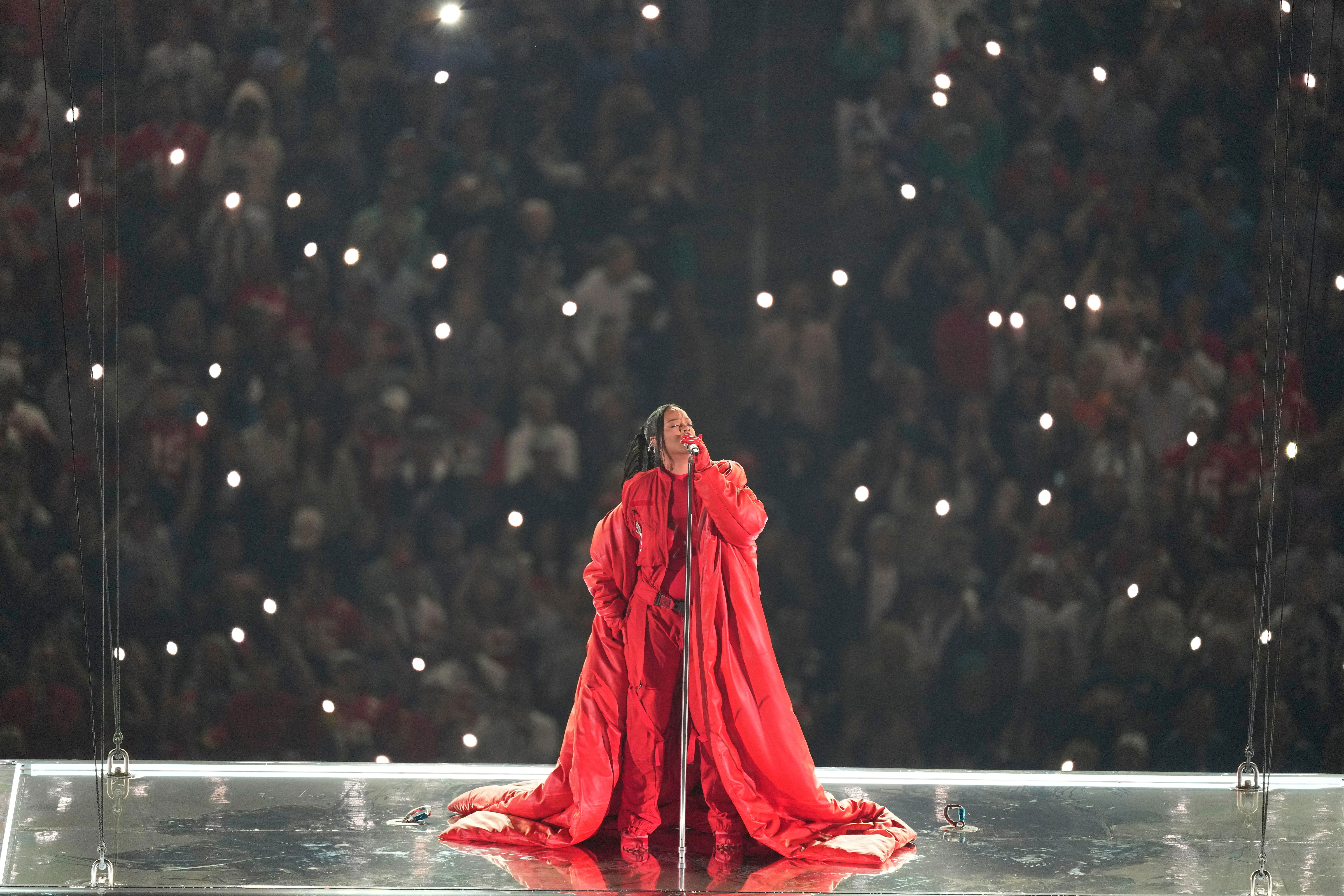 Rihanna performs during the halftime show at the NFL Super Bowl 57 football game between the Kansas City Chiefs and the Philadelphia Eagles on Feb. 12, 2023, in Glendale, Ariz