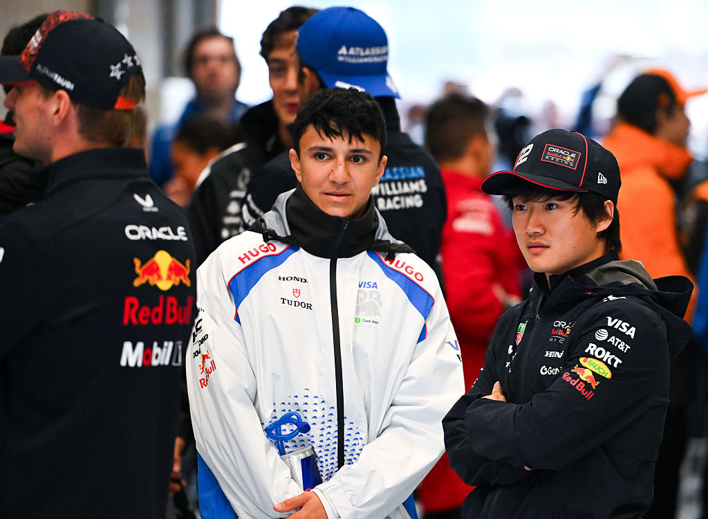 Isack Hadjar and Yuki Tsunoda on the drivers parade prior to the F1 Grand Prix of Belgium.