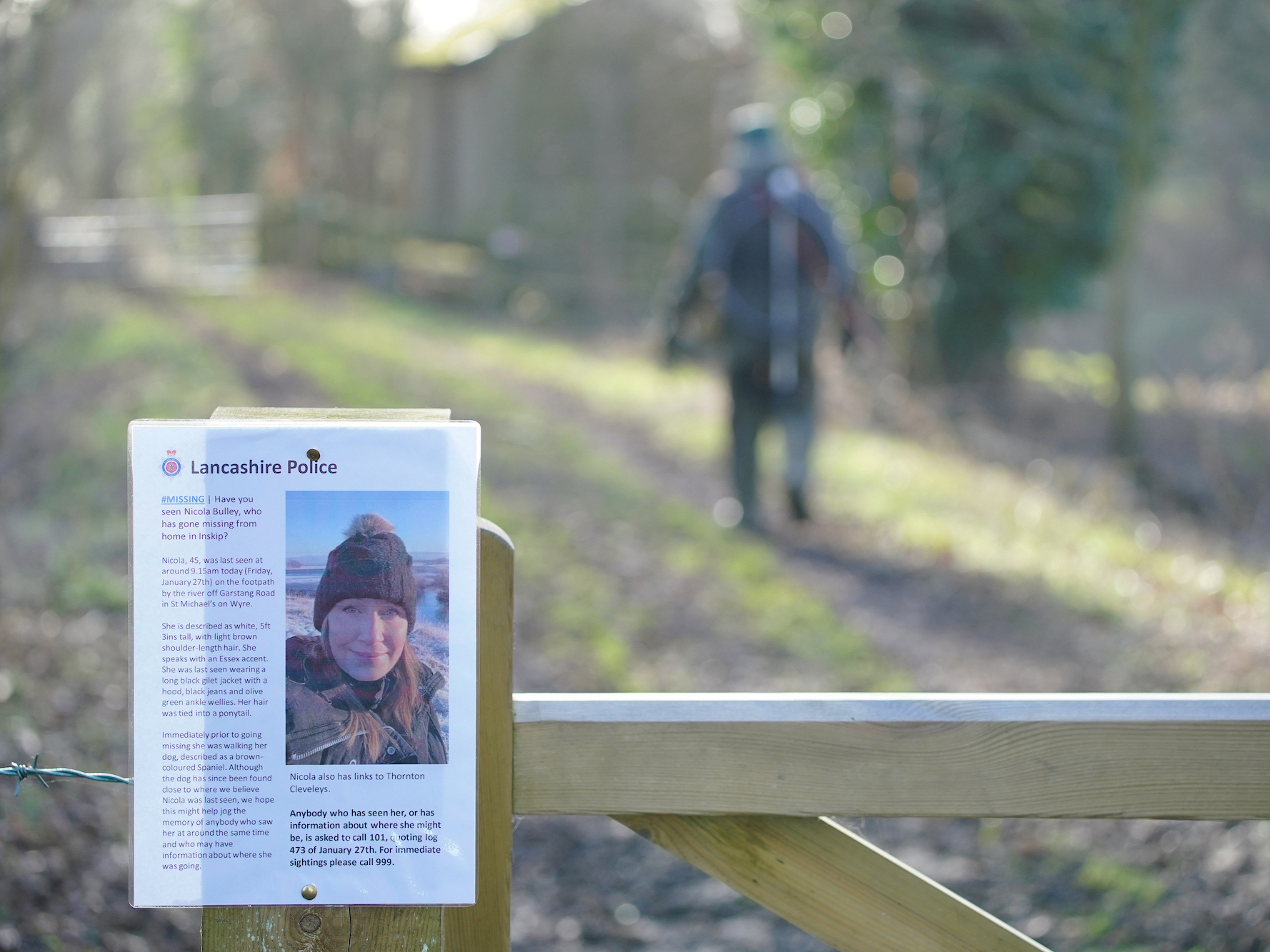 A missing person notice attached to a gate in St Michael's on Wyre, Lancashire, where officers from Lancashire Police are searching for Nicola Bulley, 45, from Inskip, Lancashire, who was last seen on the morning of Friday January 27, when she was spotted walking her dog on a footpath by the River Wyre. 