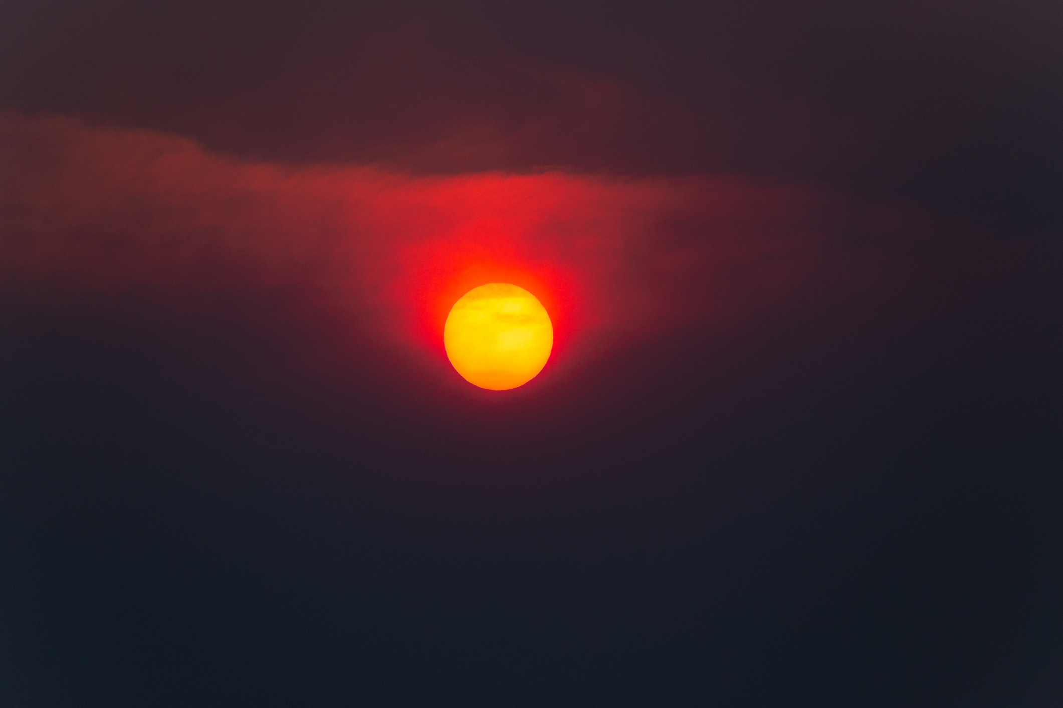 The ghostly and obscured sun shrouded in dense, orange-grey smoke from a devastating forest fire. The summer sun struggles to penetrate the haze, casting an eerie glow.