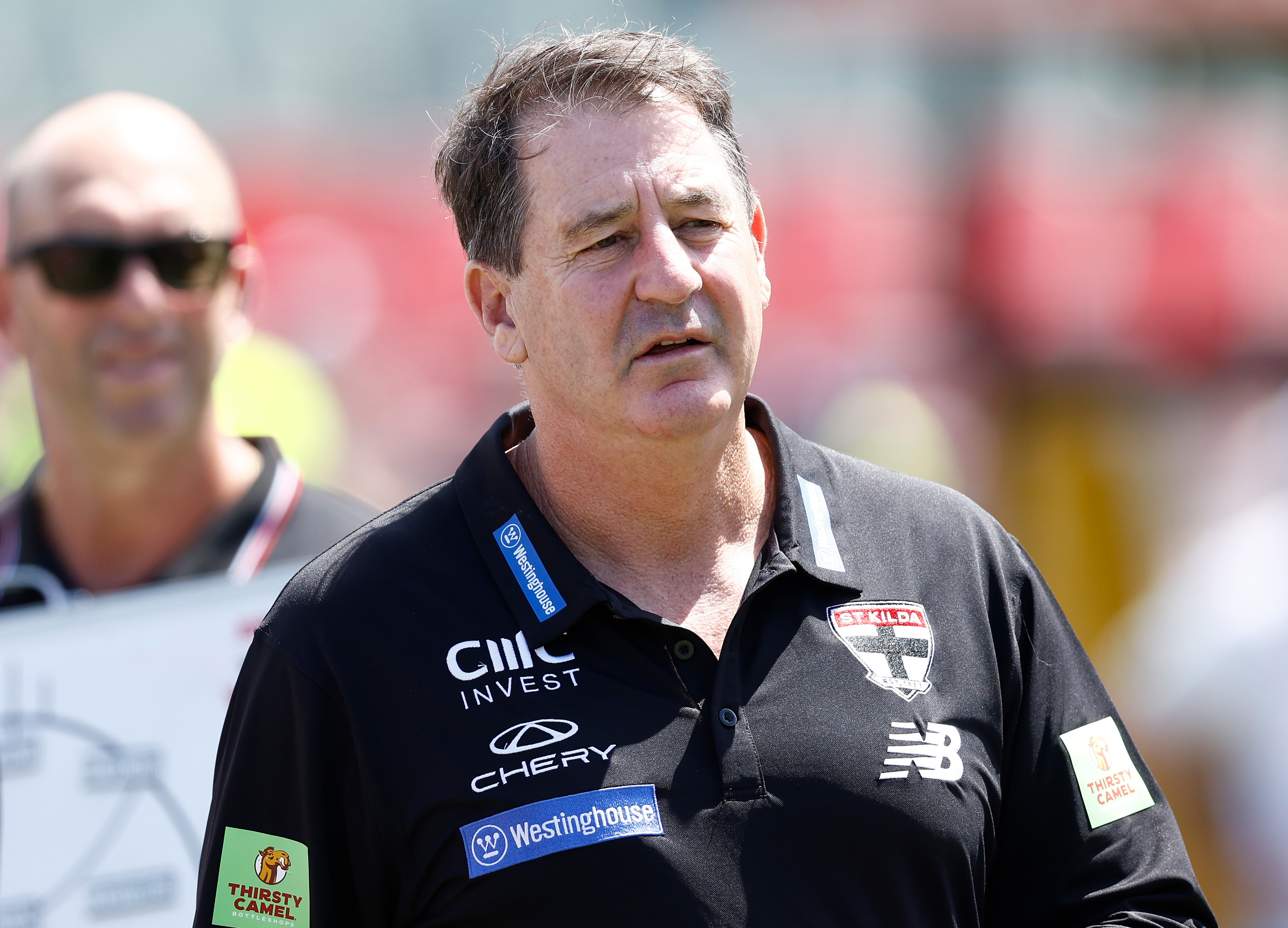 MELBOURNE, AUSTRALIA - FEBRUARY 22: Ross Lyon, Senior Coach of the Saints looks on during the 2025 AFL match simulation between the Carlton Blues and St Kilda Saints at Ikon Park on February 22, 2025 in Melbourne, Australia. (Photo by Michael Willson/AFL Photos via Getty Images)