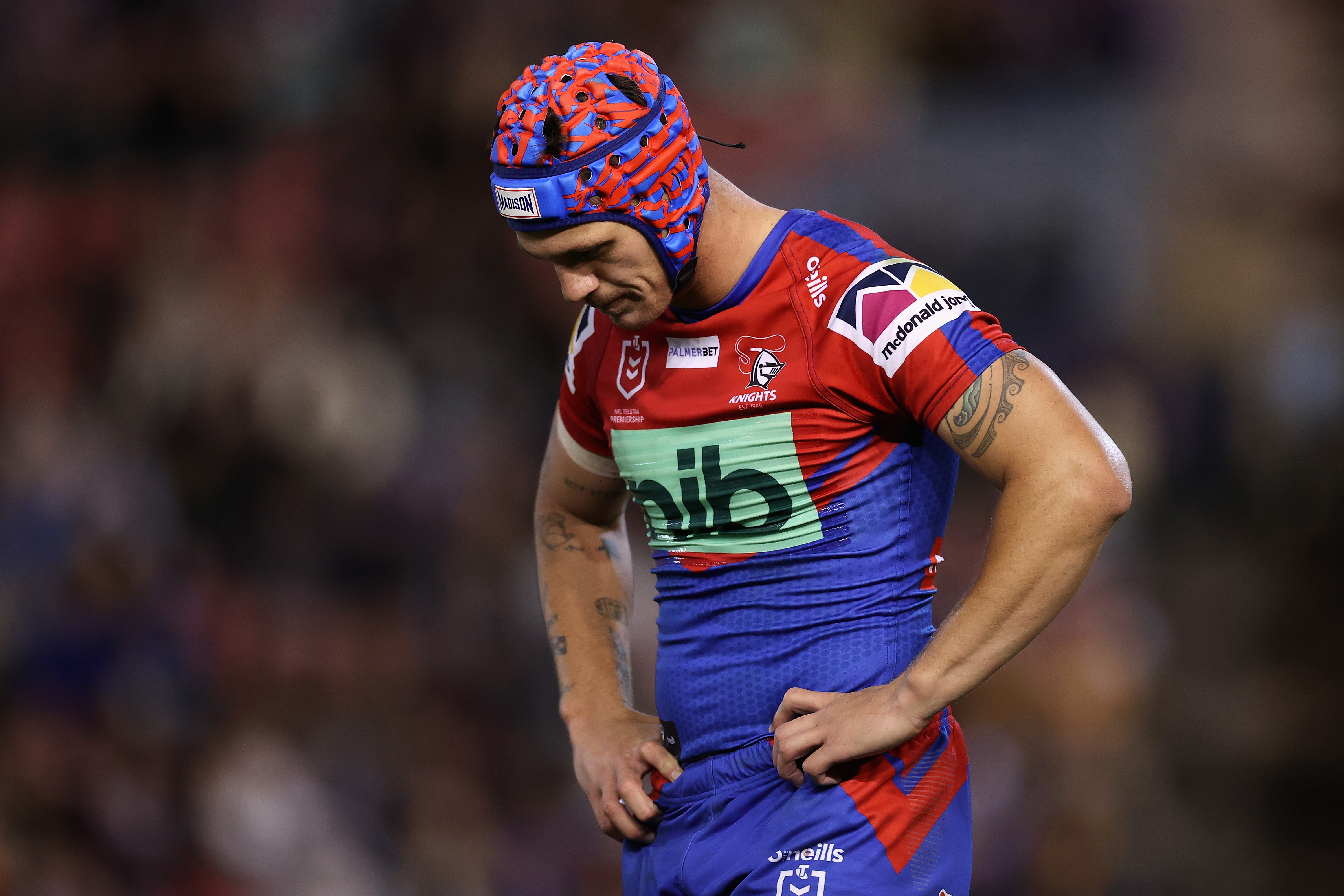 Kalyn Ponga of the Knights looks dejected during a loss to the Broncos.