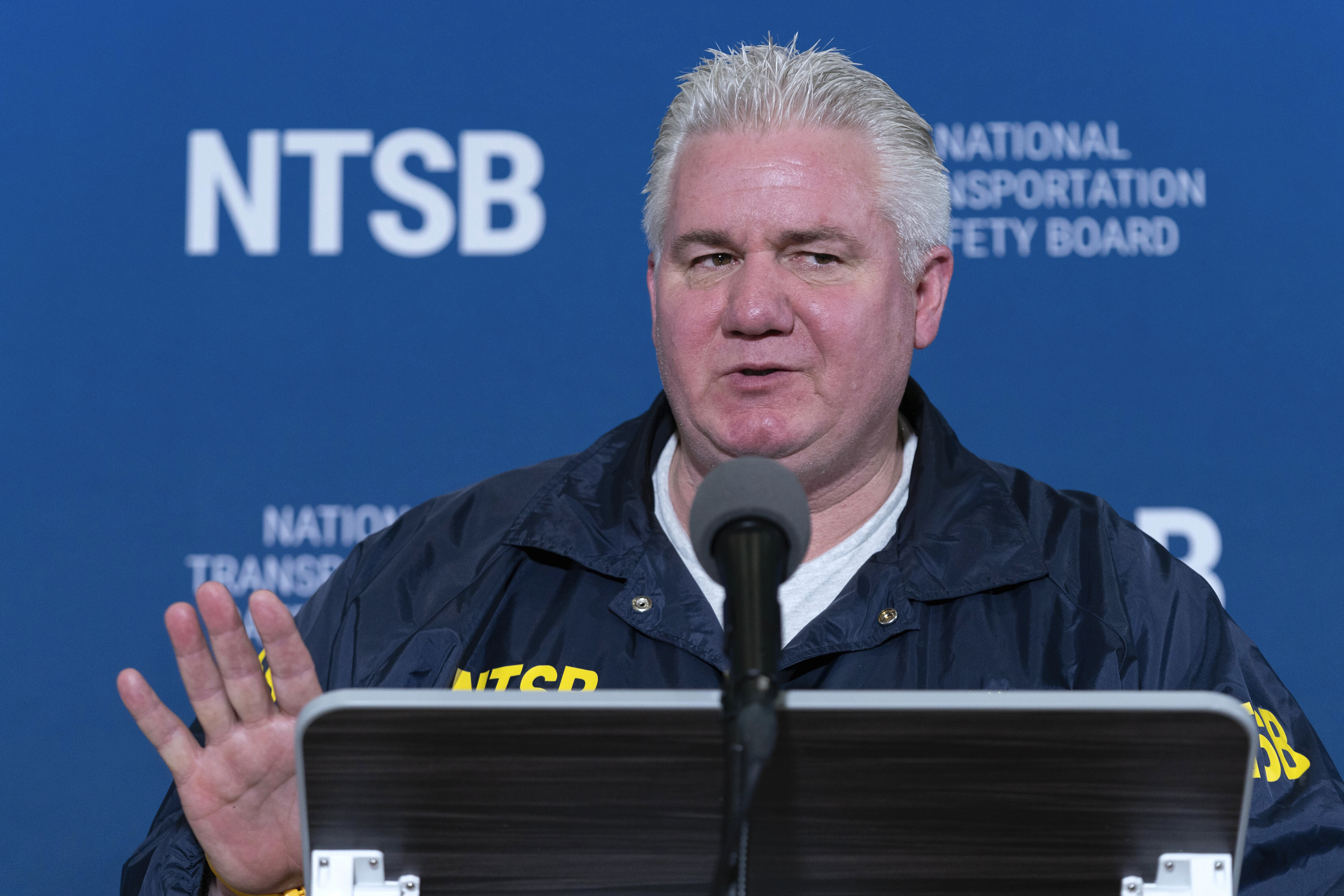 National Transportation Safety Board member Todd Inman speaks with reporters at Ronald Reagan Washington National Airport, Friday, Jan. 31, 2025, in Arlington, Va. (AP Photo/Jose Luis Magana)