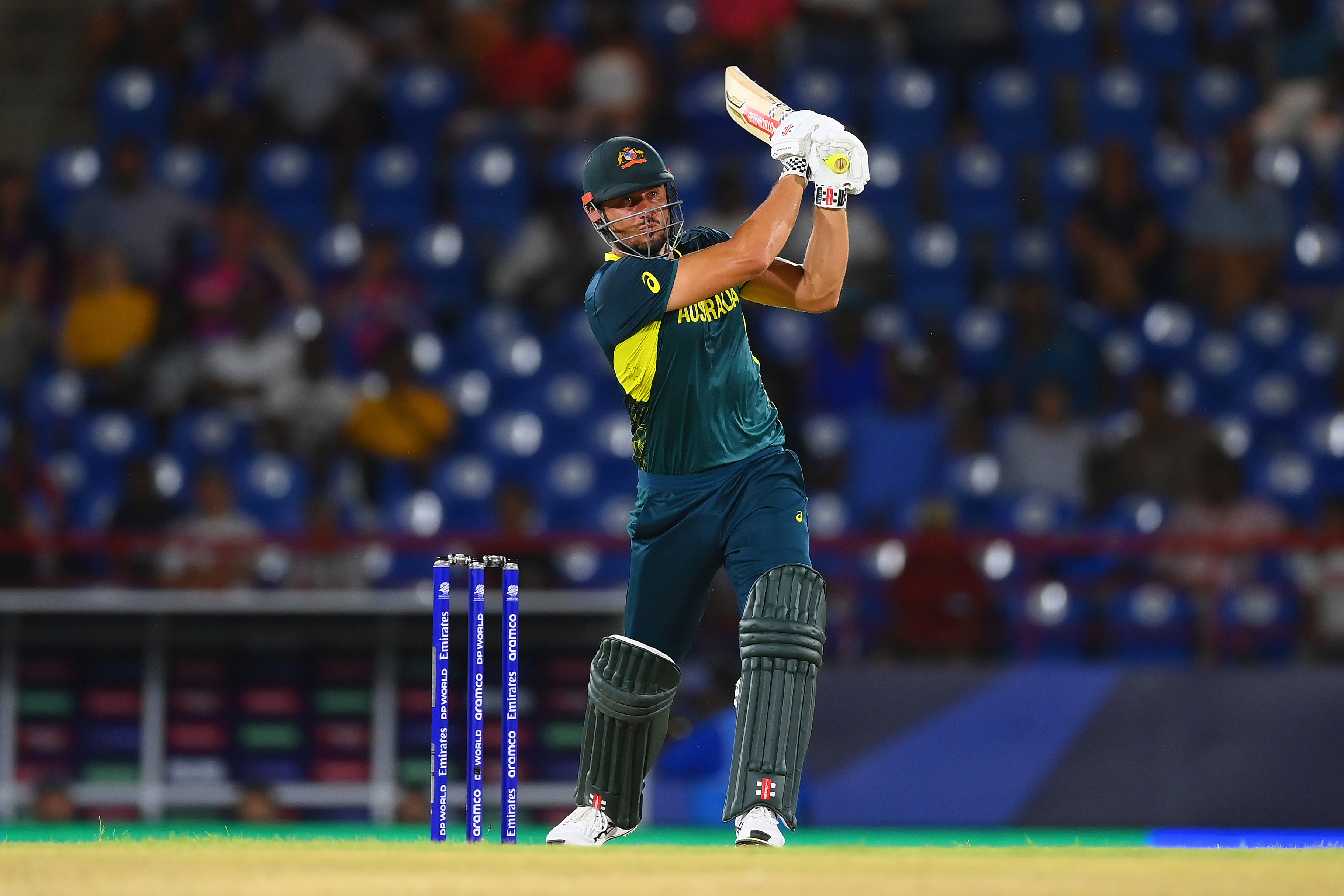 Marcus Stoinis of Australia bats during the ICC Men's T20 Cricket World Cup West Indies & USA 2024 match between Australia and Scotland at Daren Sammy National Cricket Stadium on June 15, 2024 in Gros Islet, Saint Lucia. (Photo by Alex Davidson-ICC/ICC via Getty Images)